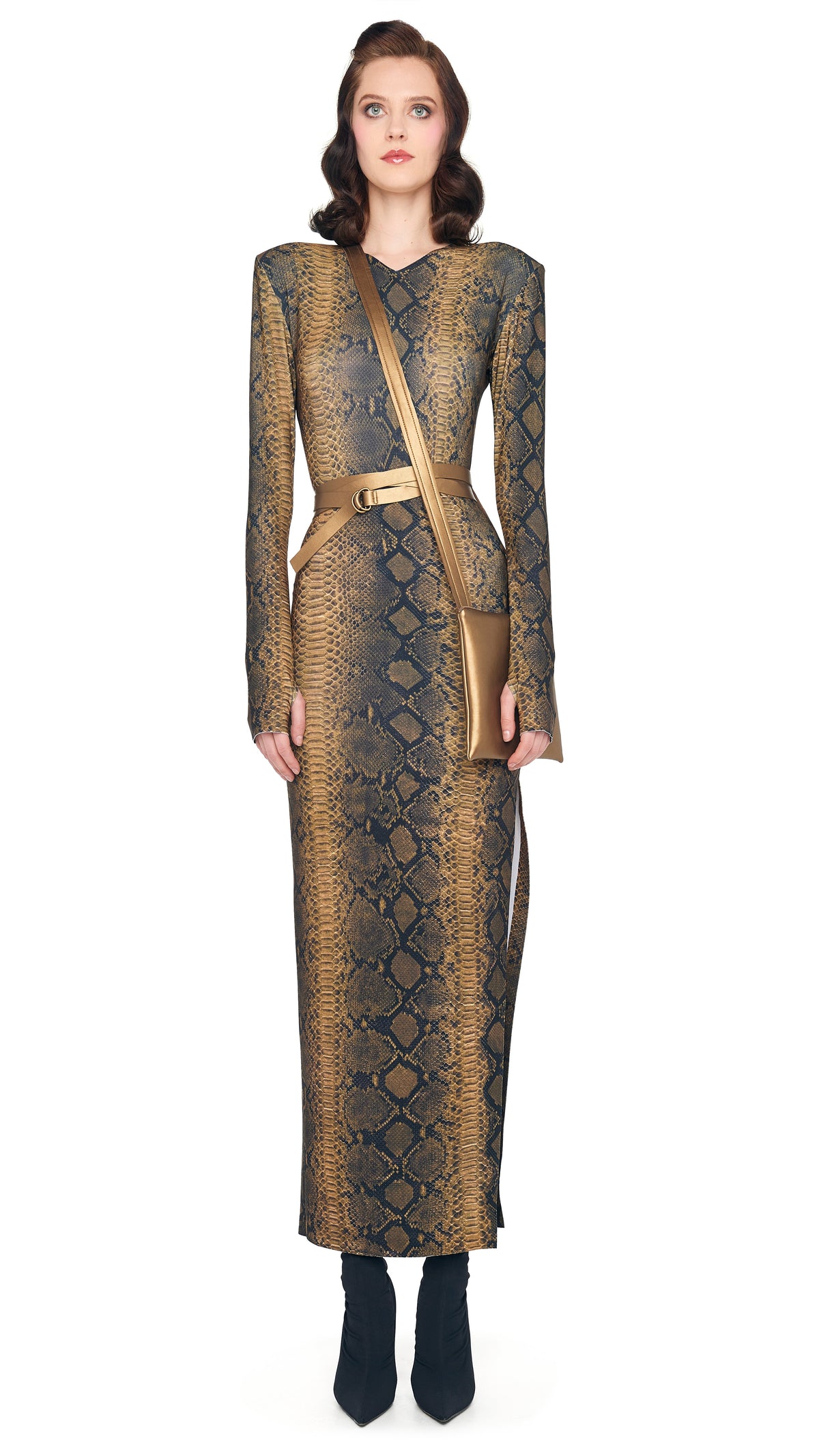 LS SHOULDER PAD SIDE SLIT GOWN
