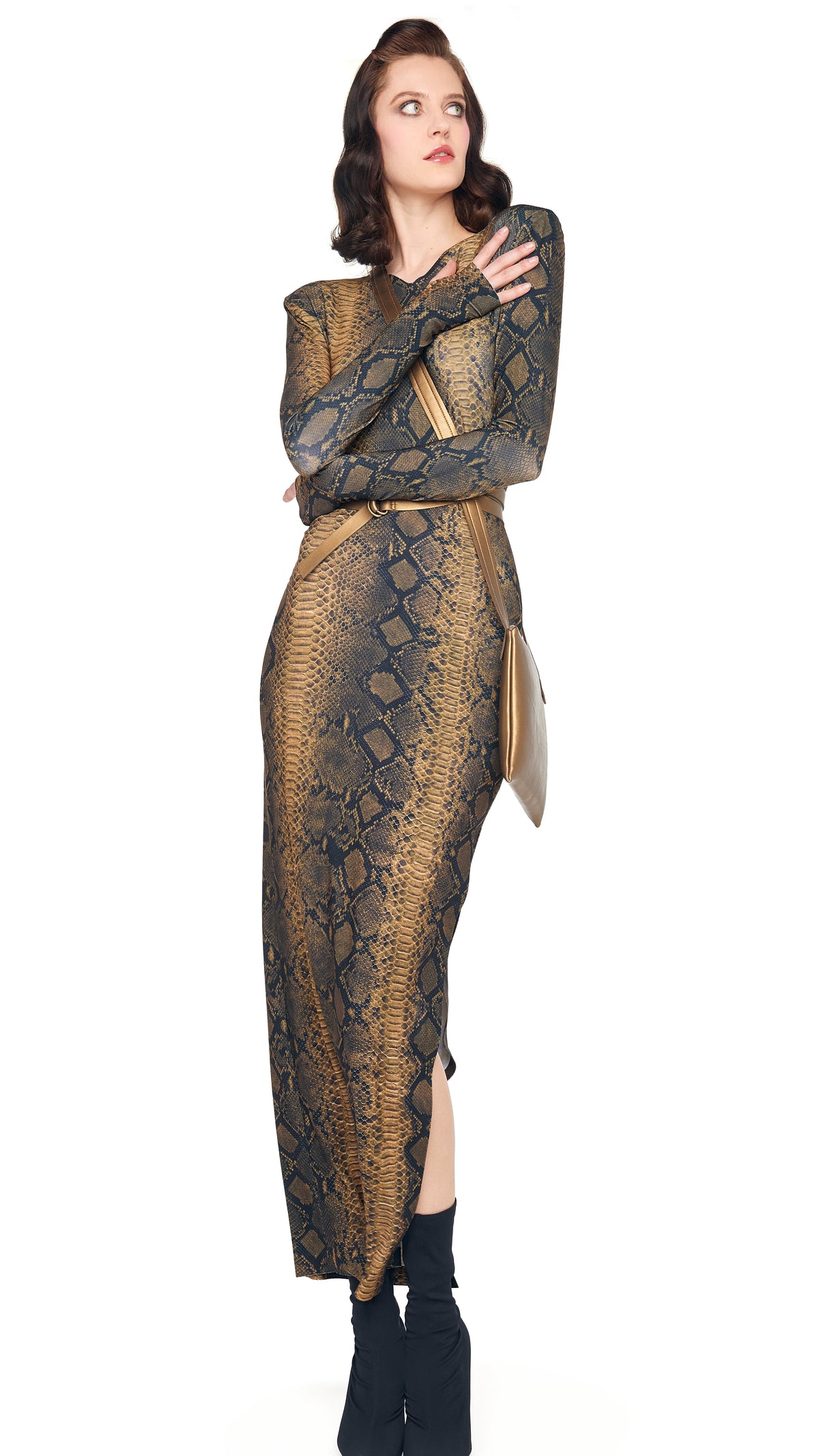 LS SHOULDER PAD SIDE SLIT GOWN
