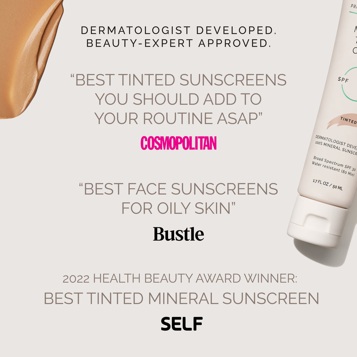 Sunscreen bottle with awards text 