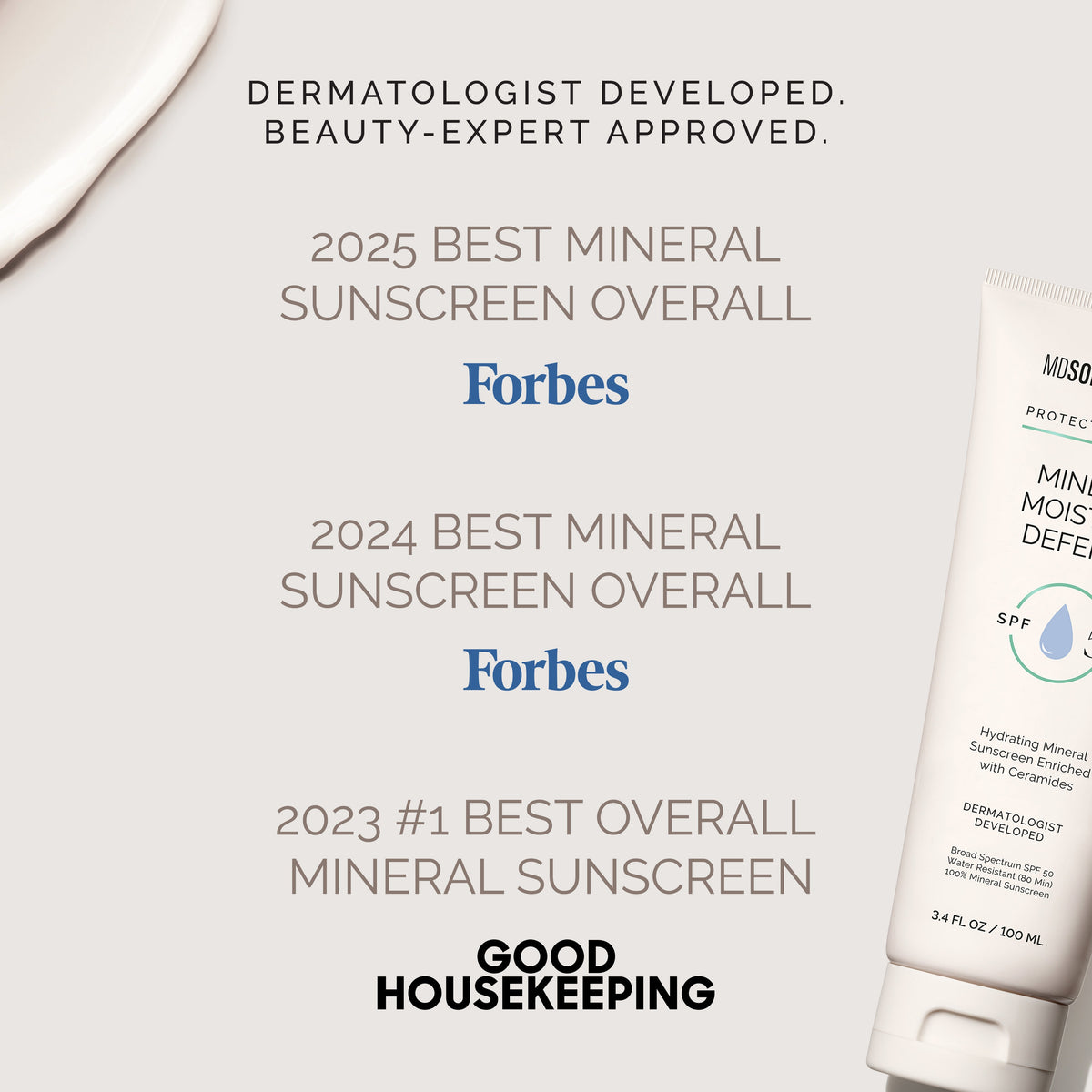 Sunscreen bottle with awards text
