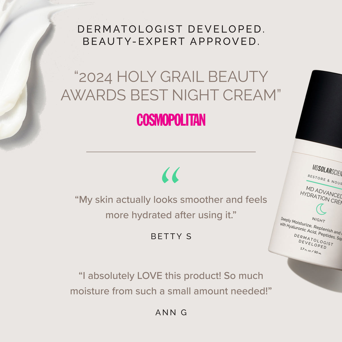 Cosmetic cream with accolades and customer testimonials 