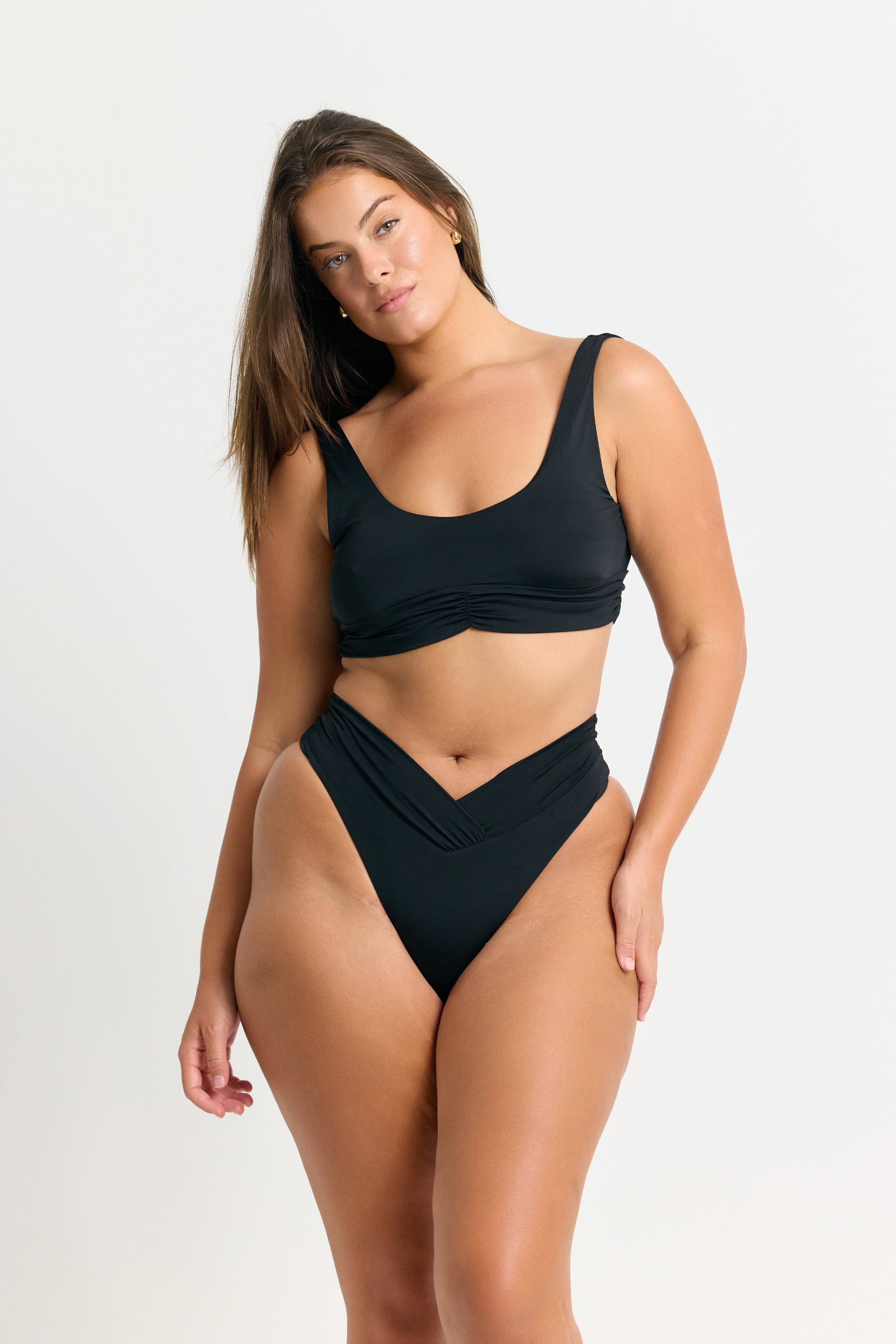 Black Pico high waist bikini bottoms by RIOT SWIM, featuring a stylish high-rise design and smooth fabric.