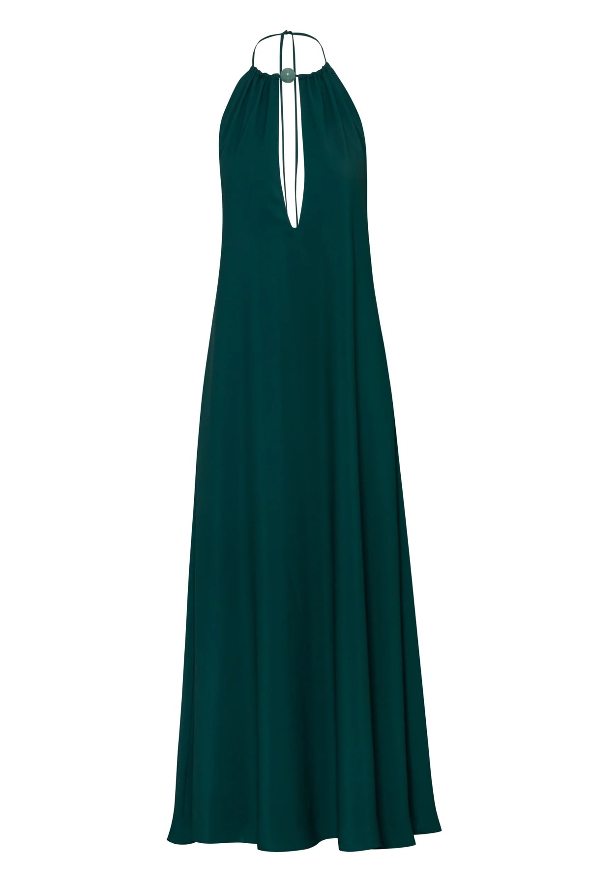 Emerald green Rondine Dress with Open back, Halter Neckline and fluid fall.