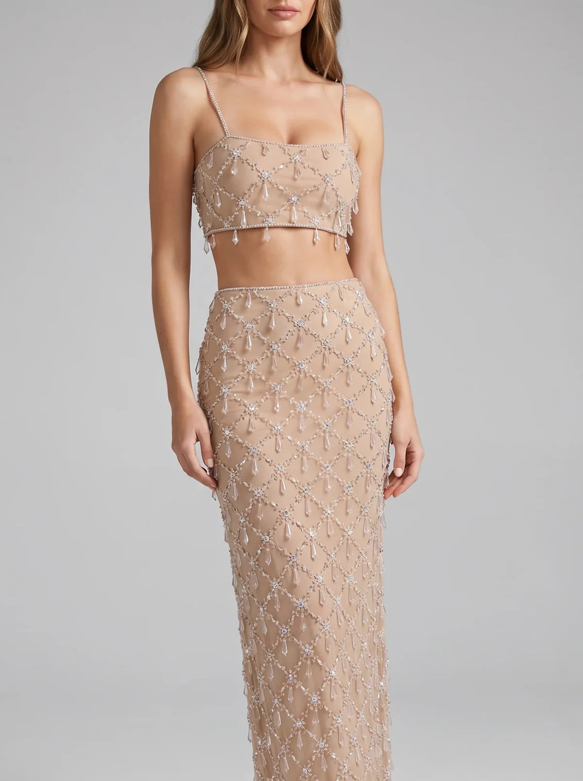 Calliope Luxury Crystal Co-Ord Skirt WHITE (nude image for reference)