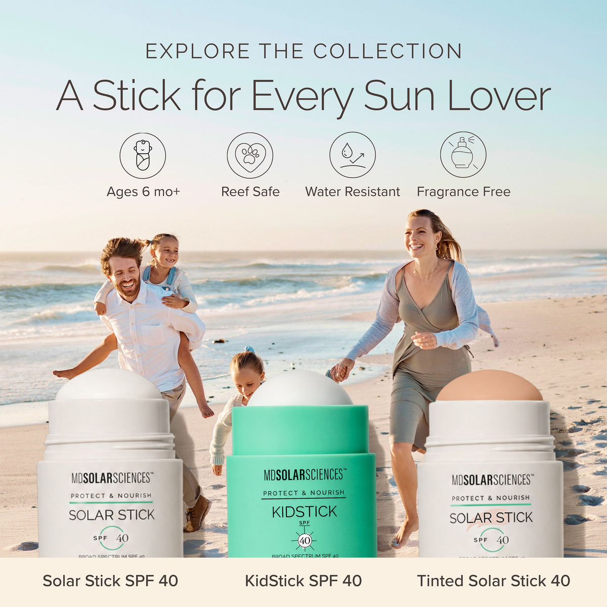 Three sunscreen stick containers are shown in front of a beach scene with people, under the headline 'A Stick for Every Sun Lover.' The products are labeled MDSolarSciences Solar Stick SPF 40, KidStick SPF 40, and Tinted Solar Stick SPF 40.
