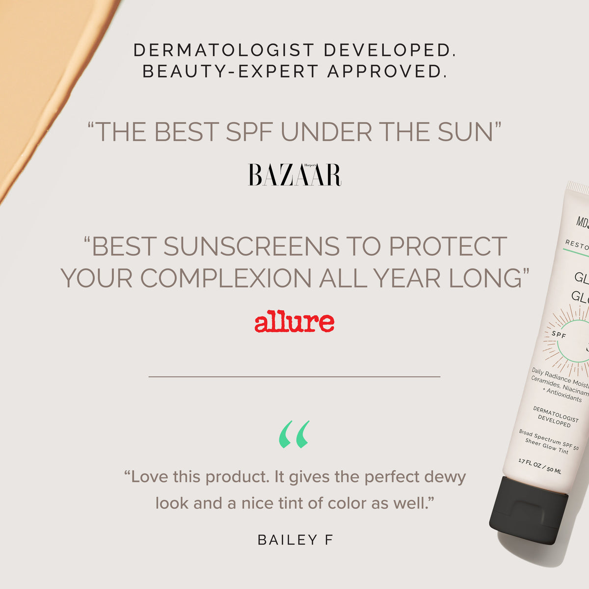 Sunscreen bottle with approval text from Bazaar, Allure, and a user review
