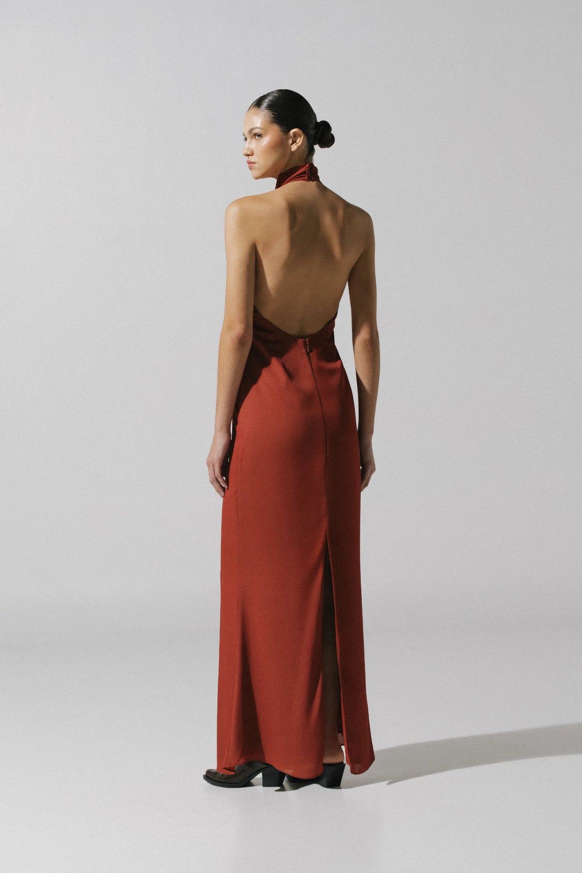 Terracotta Consu Dress with Draped silhouette, Halter Neckline and elegant style.