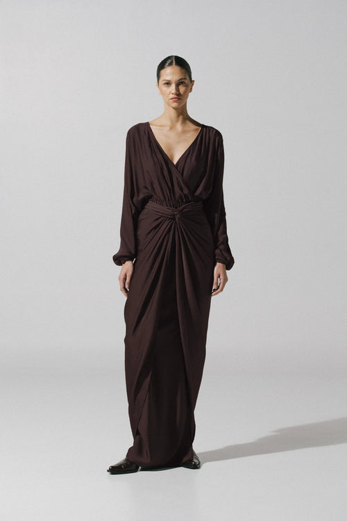Alexa Maxi Dress by Baobab in Espresso color, V-neckline and Knot detail.