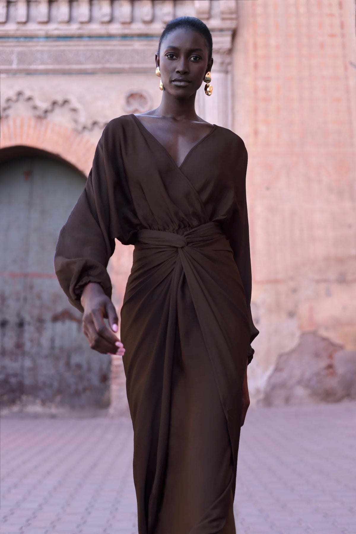 Alexa Dress in Espresso color, elegant style with Textured fabric and Side slit.