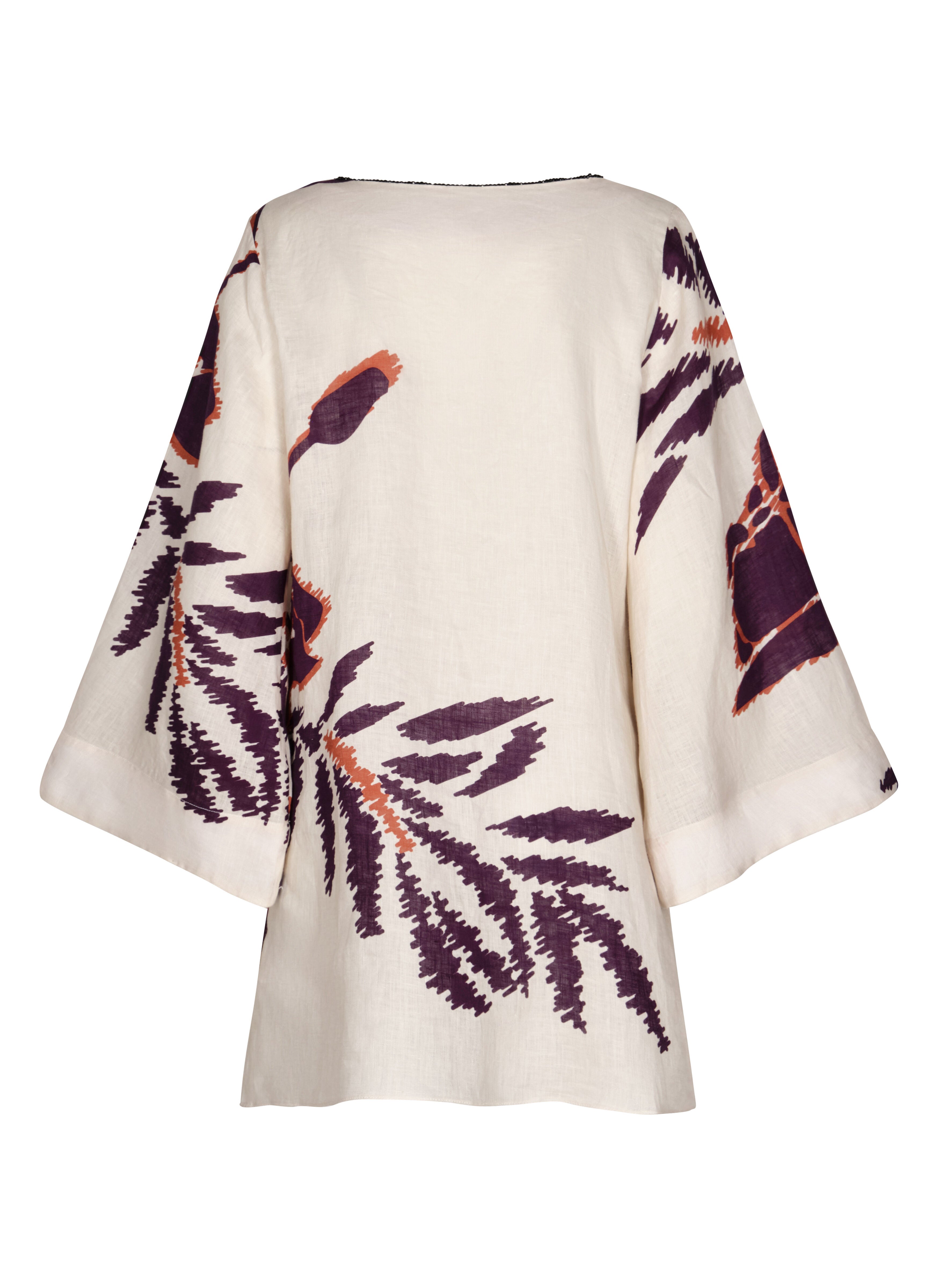 Nazare Linen Mini Tunic Dress / Ecru - Purple Gladiolos
