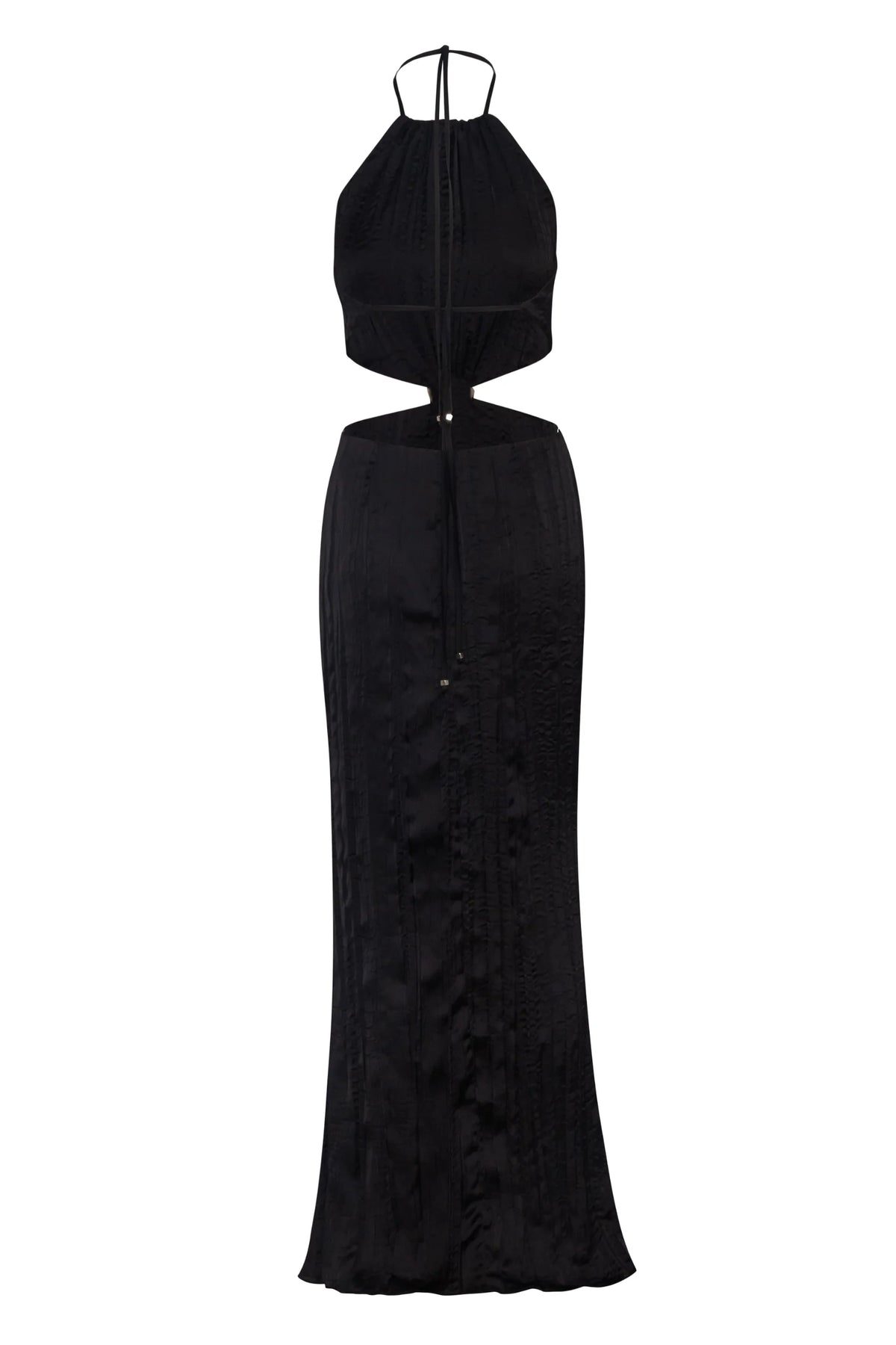 Lexi Dress by Baobab, side view with Halter Neckline and Metallic detail at waist.