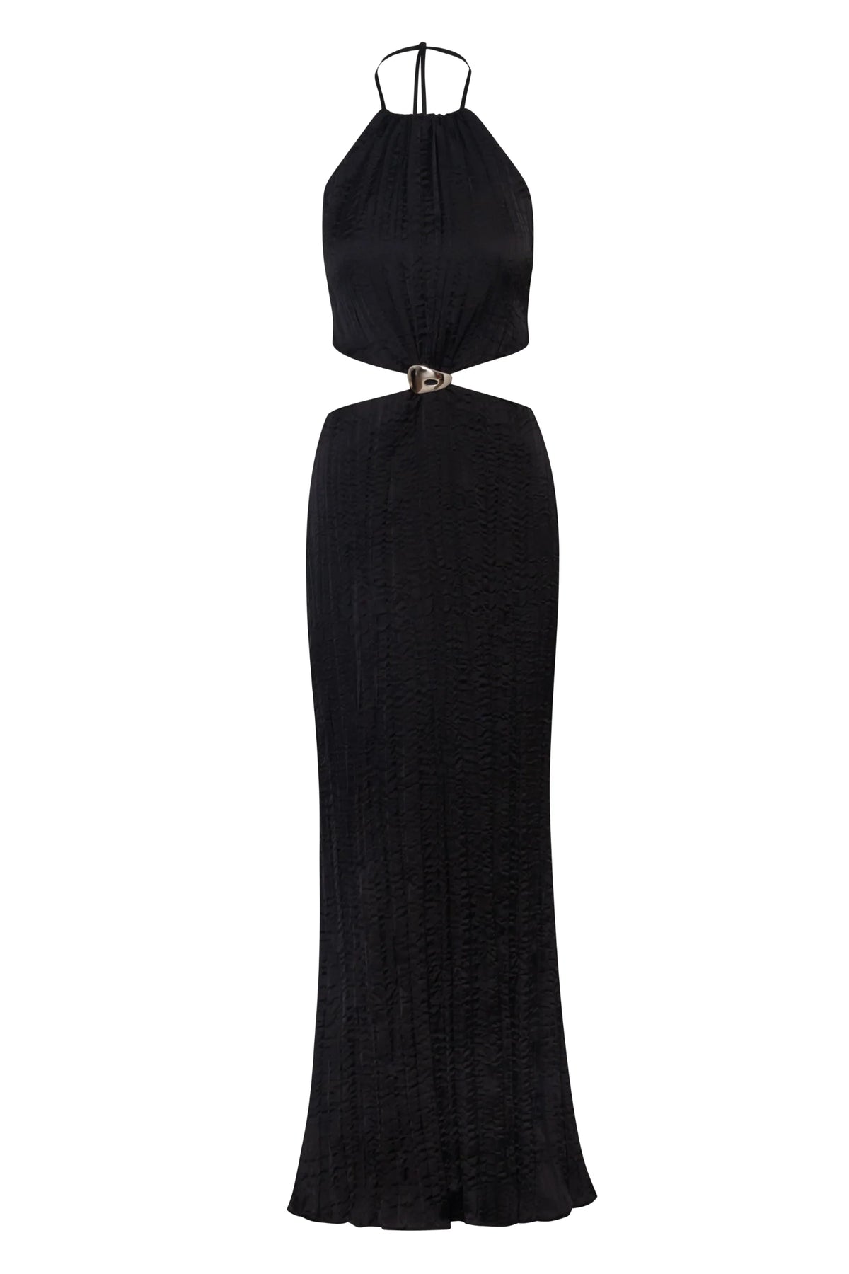 Black Lexi Dress with Open back, Textured fabric and fluid fall.