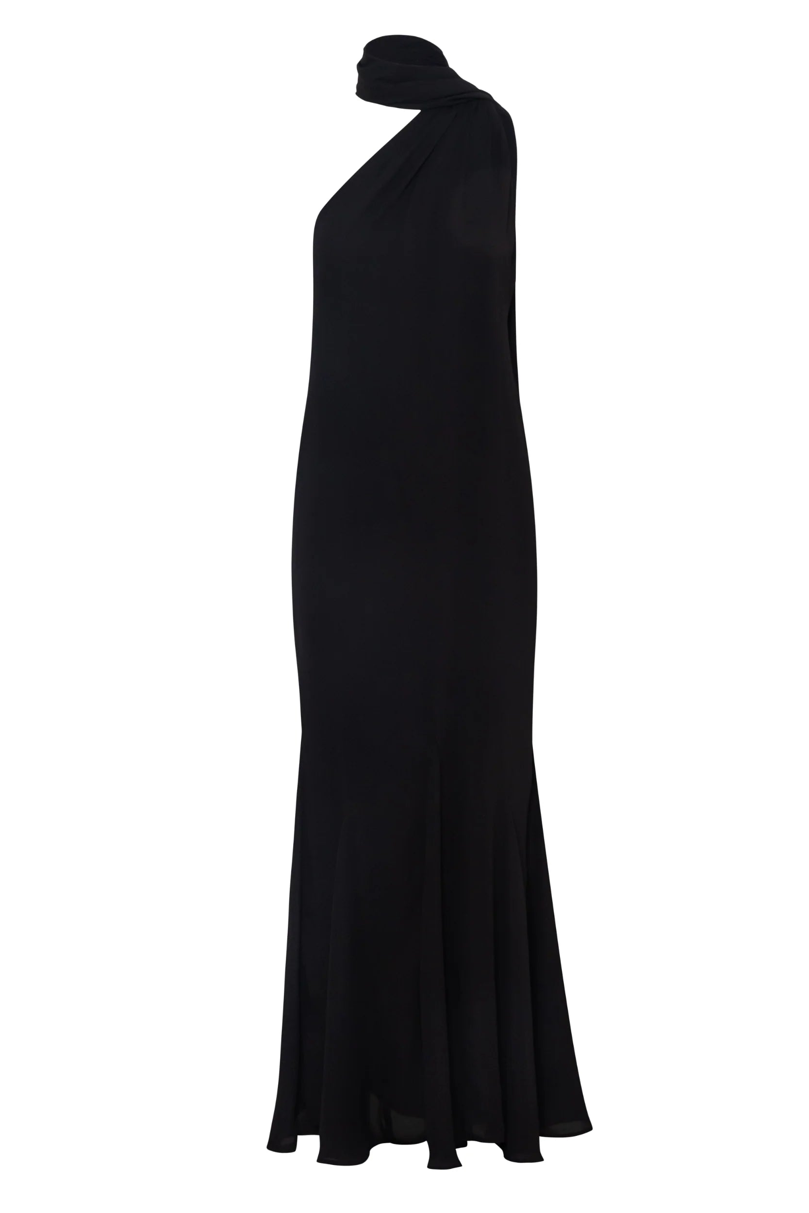 Black Ari Dress with asymmetrical neckline, Scarf detail and Open back.