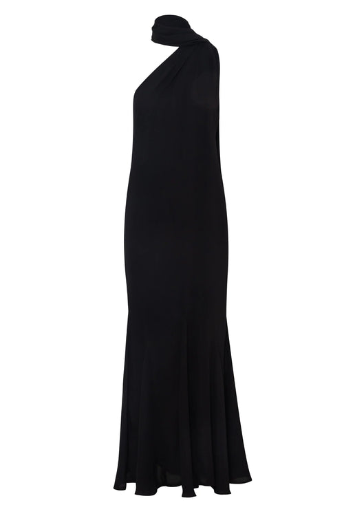 Black Ari Dress with asymmetrical neckline, Scarf detail and Open back.