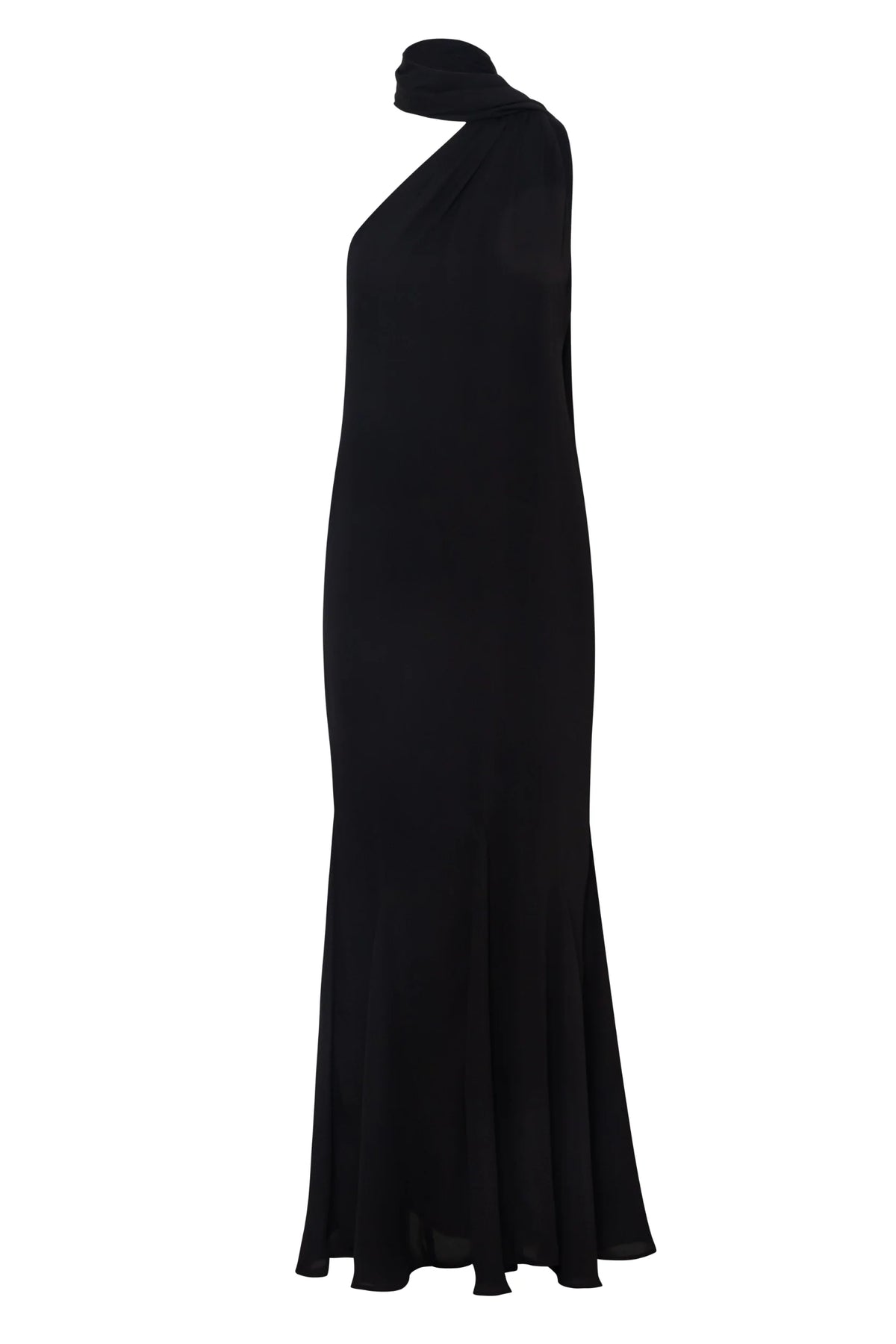 Black Ari Dress with asymmetrical neckline, Scarf detail and Open back.