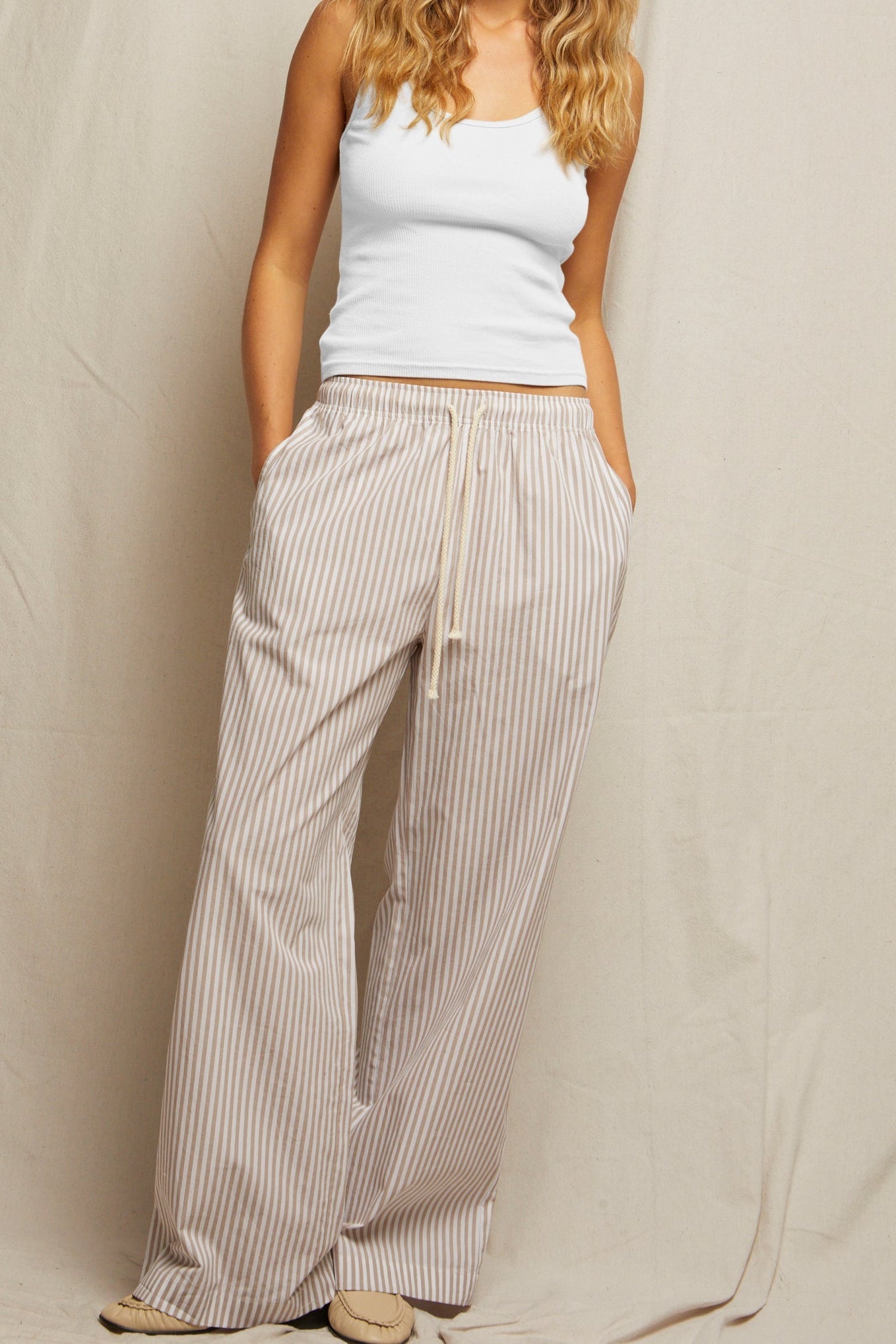 andi poplin wide leg pant | putty stripe