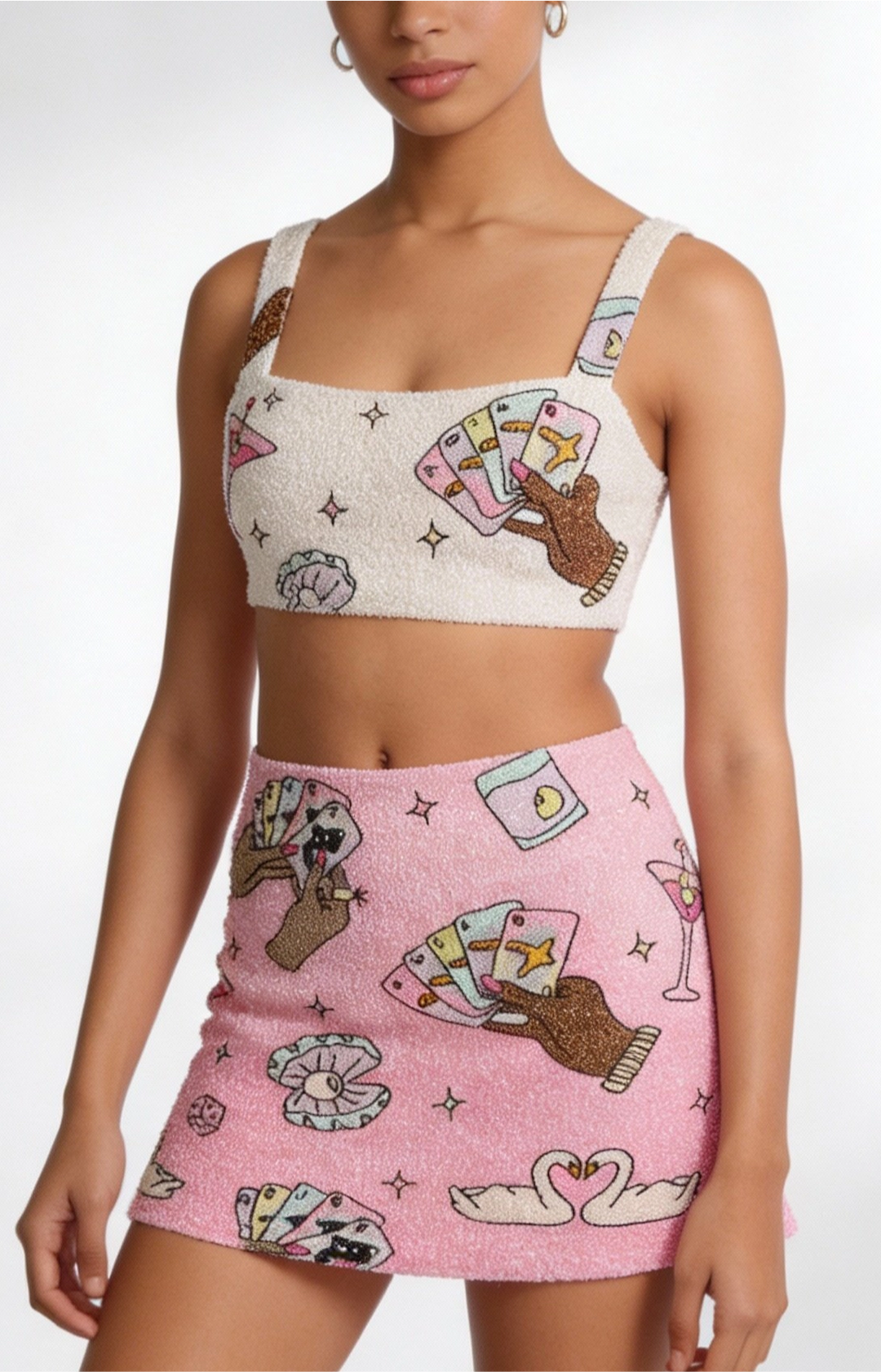 Vegas Beaded Mini Pink Party Beach Co Ord Top Pink