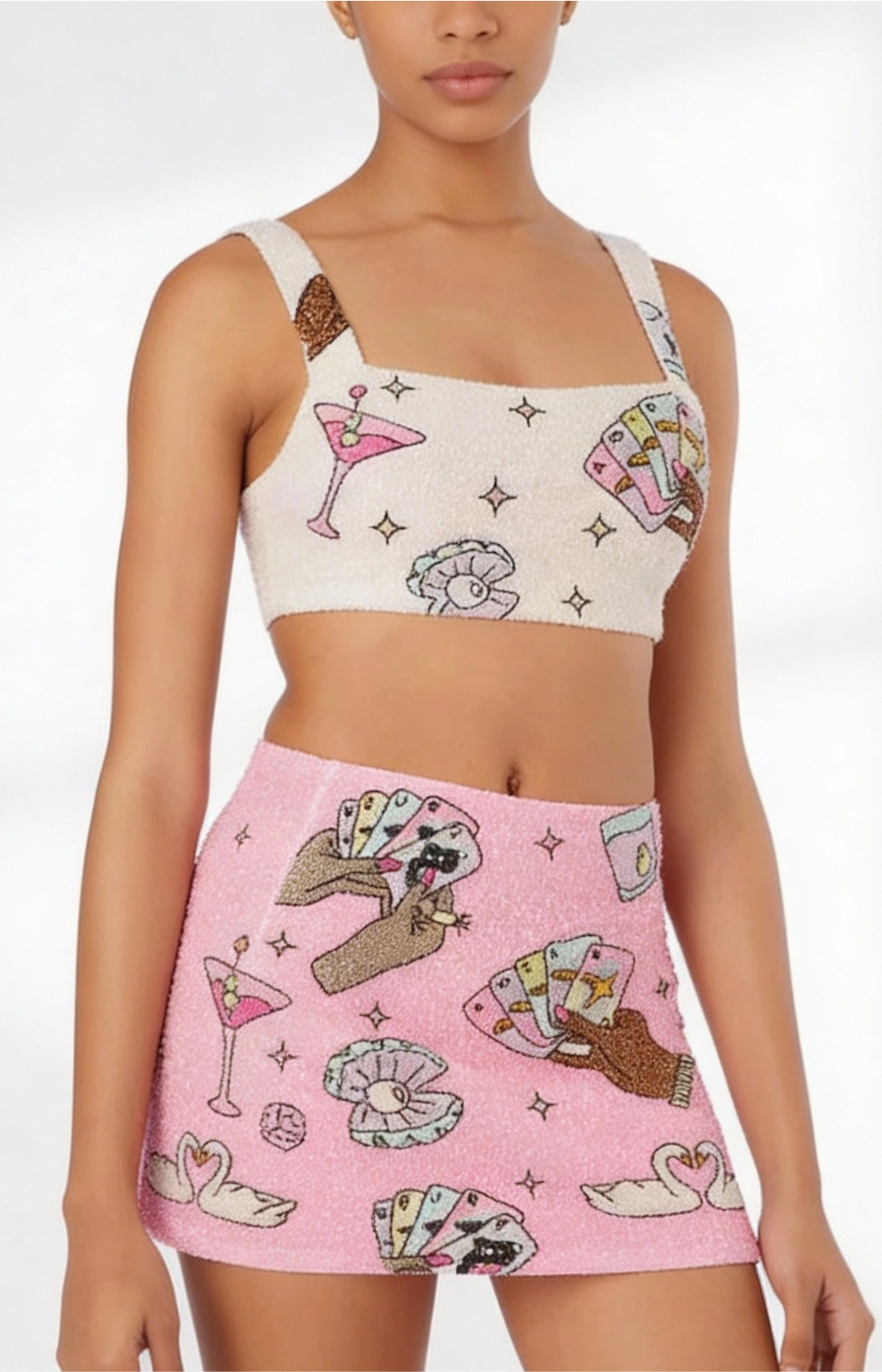 Vegas Beaded Mini Pink Party Beach Co Ord Top Pink