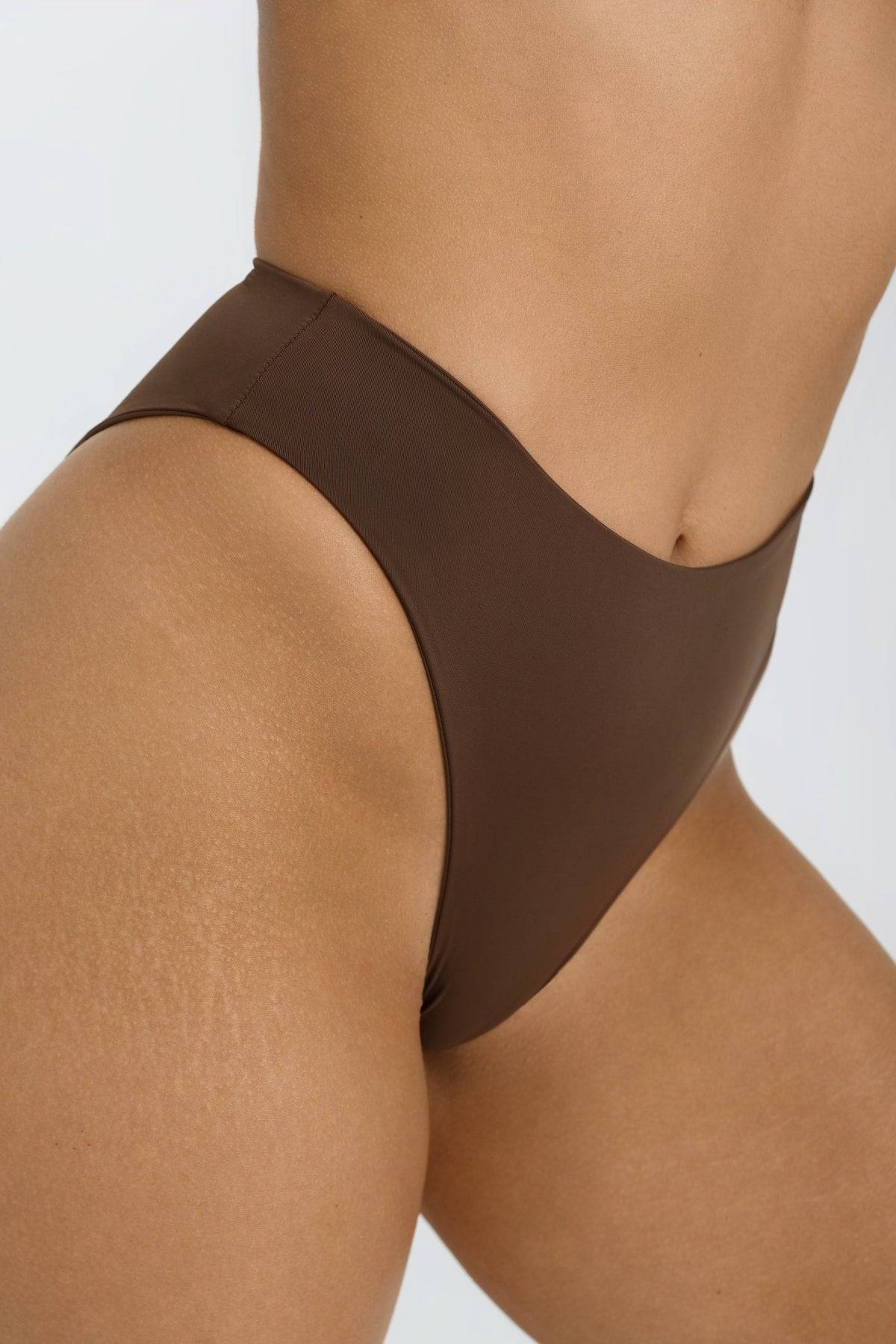 Riot Swim Willow Bottom in chocolate brown, full-coverage bikini bottoms with a sleek, smooth fabric finish.