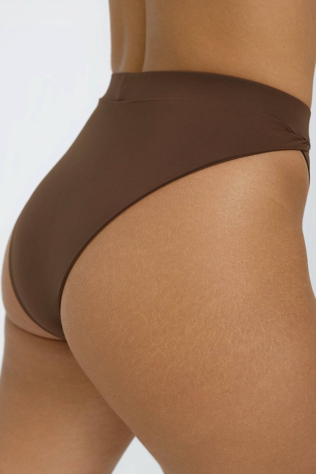 Riot Swim Vista chocolate high-waisted bikini bottoms shown in rich brown fabric.