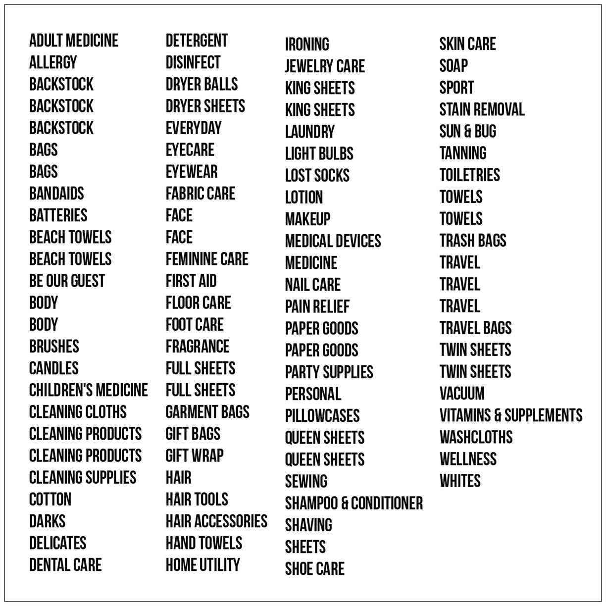 Bathroom, Linen and Laundry Room Label Set | Black