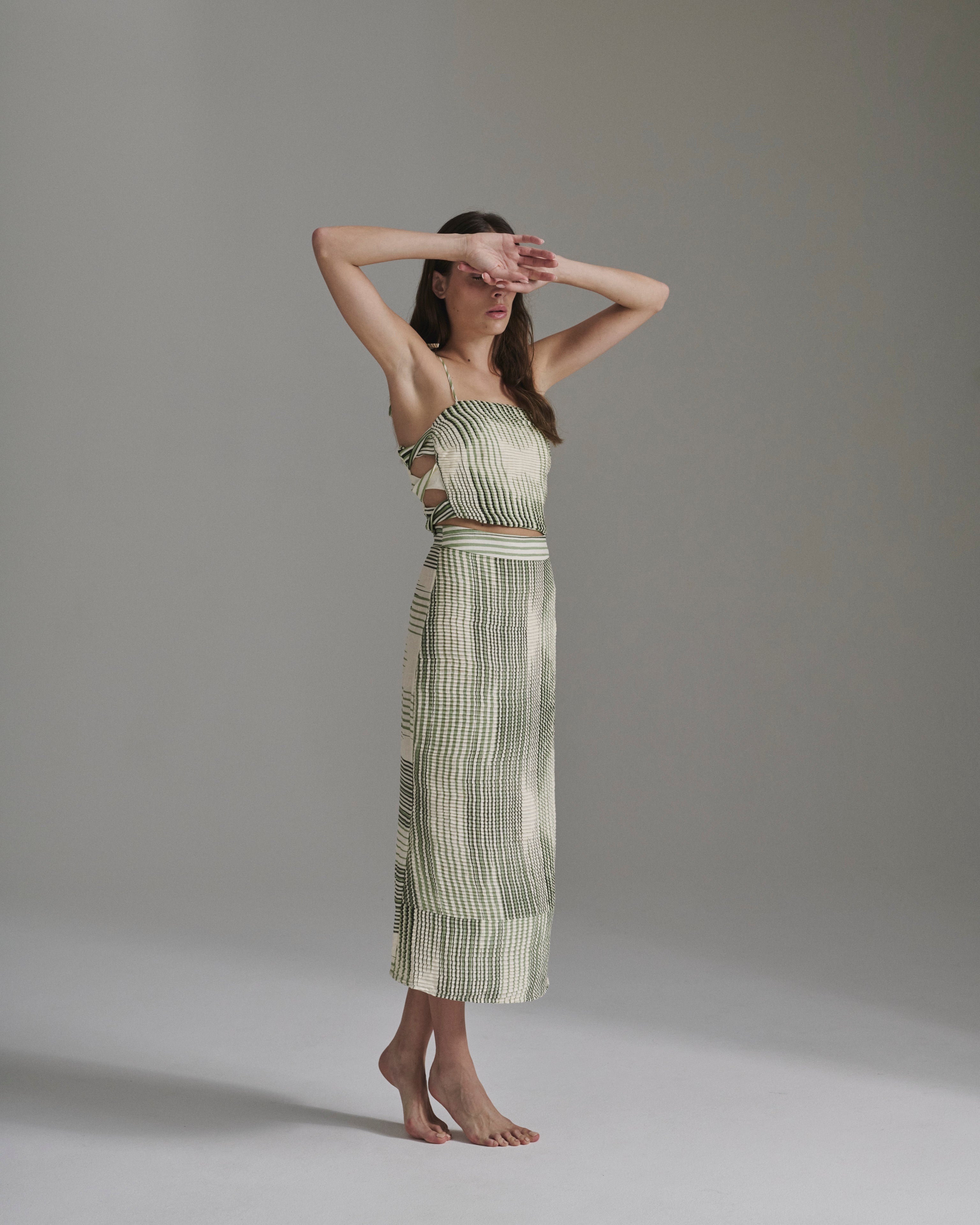 Tejada Pleated Linen Top / Green Stripes