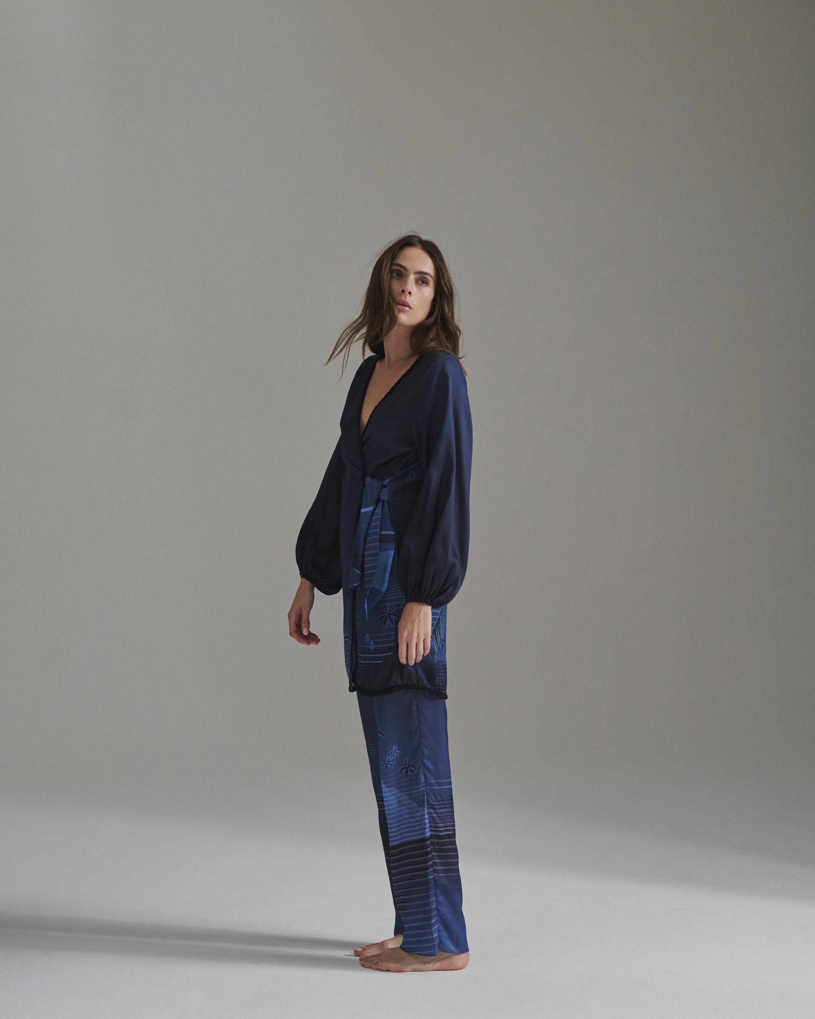 Santo Tomás Martellato Silk Pants / Navy Tropical Landscape