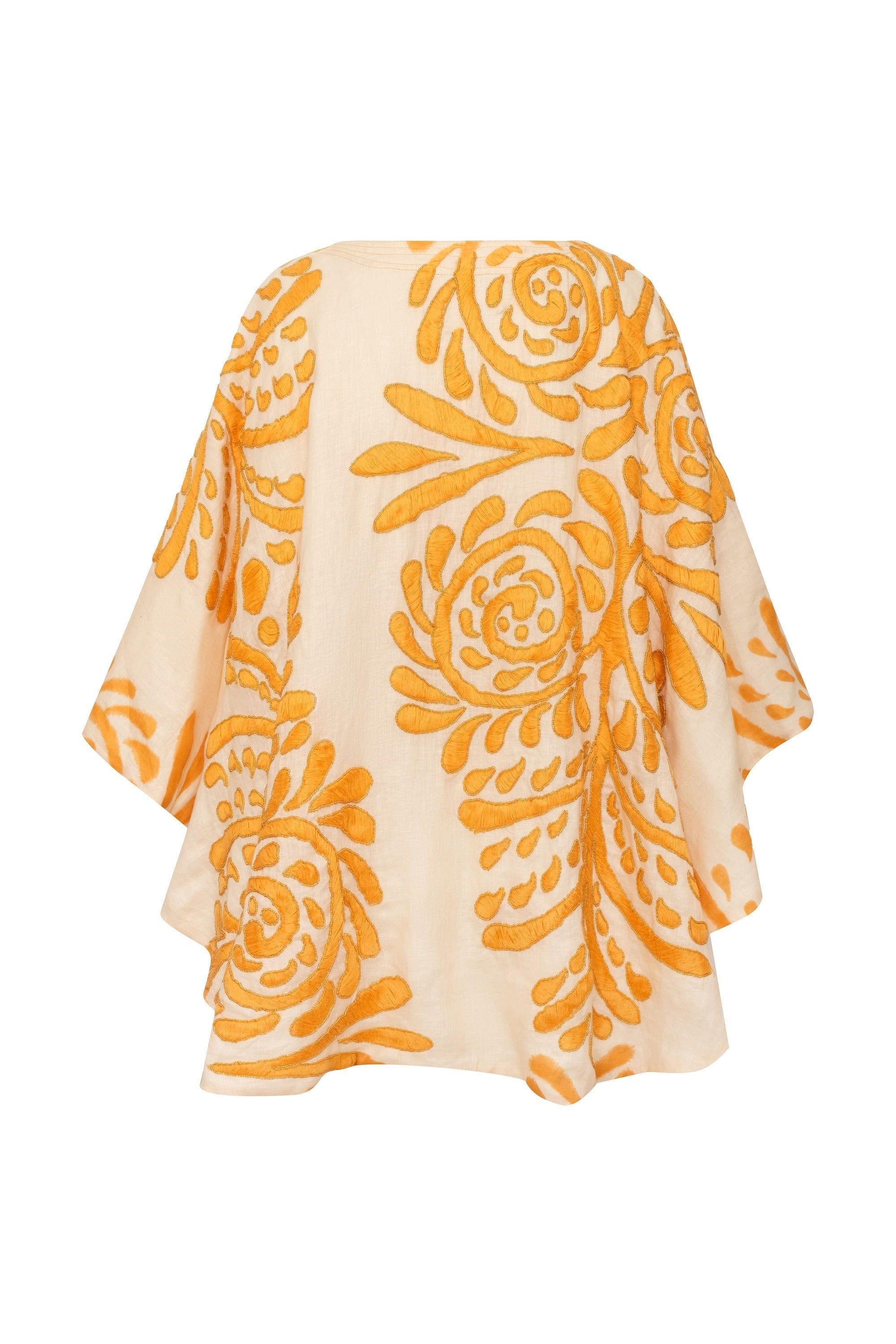 Cavalo Hand Embroidered Linen Poncho / Ecru Yellow Arabesque