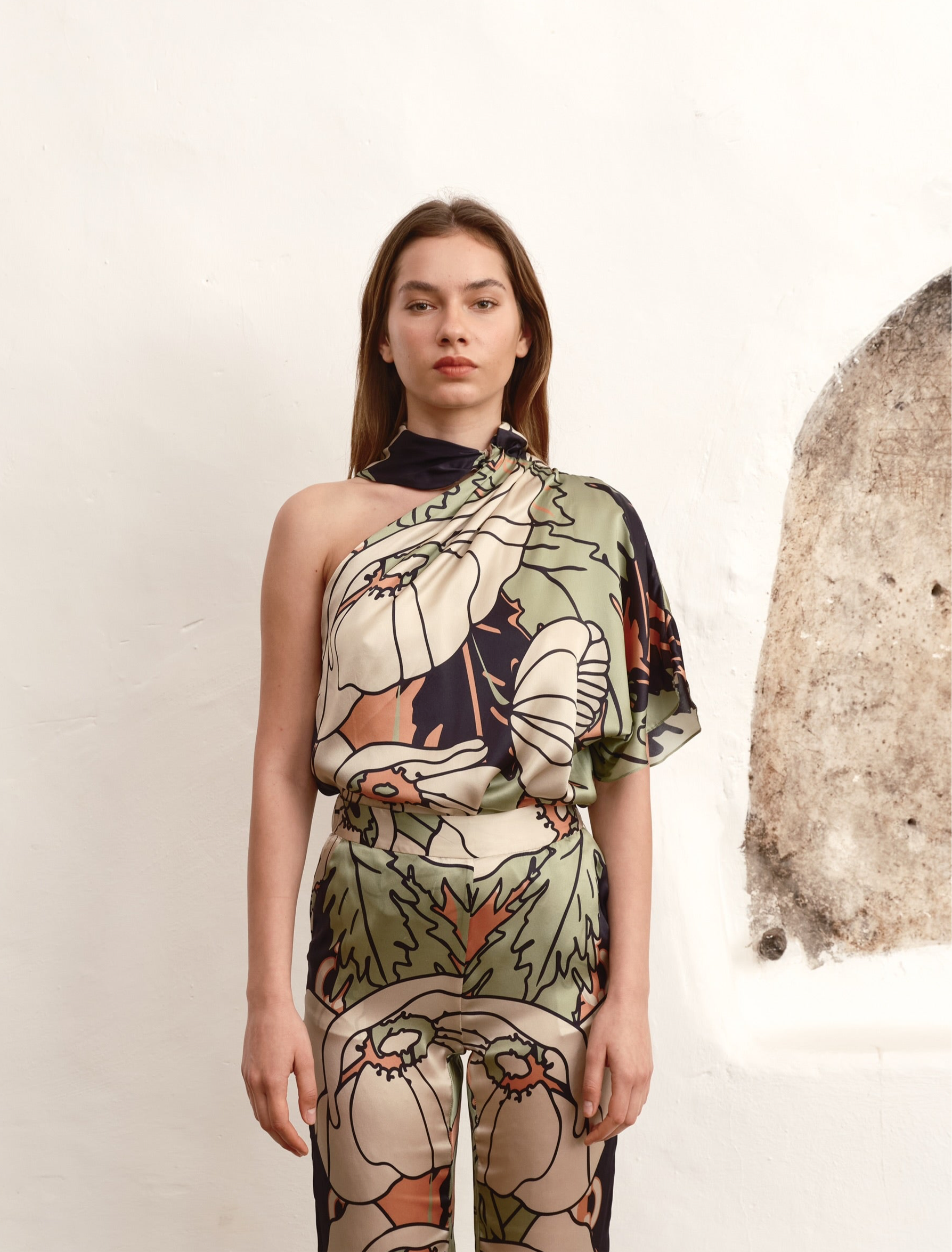 Chiminango Satin Silk Blouse / Sage Gladiolos Garden