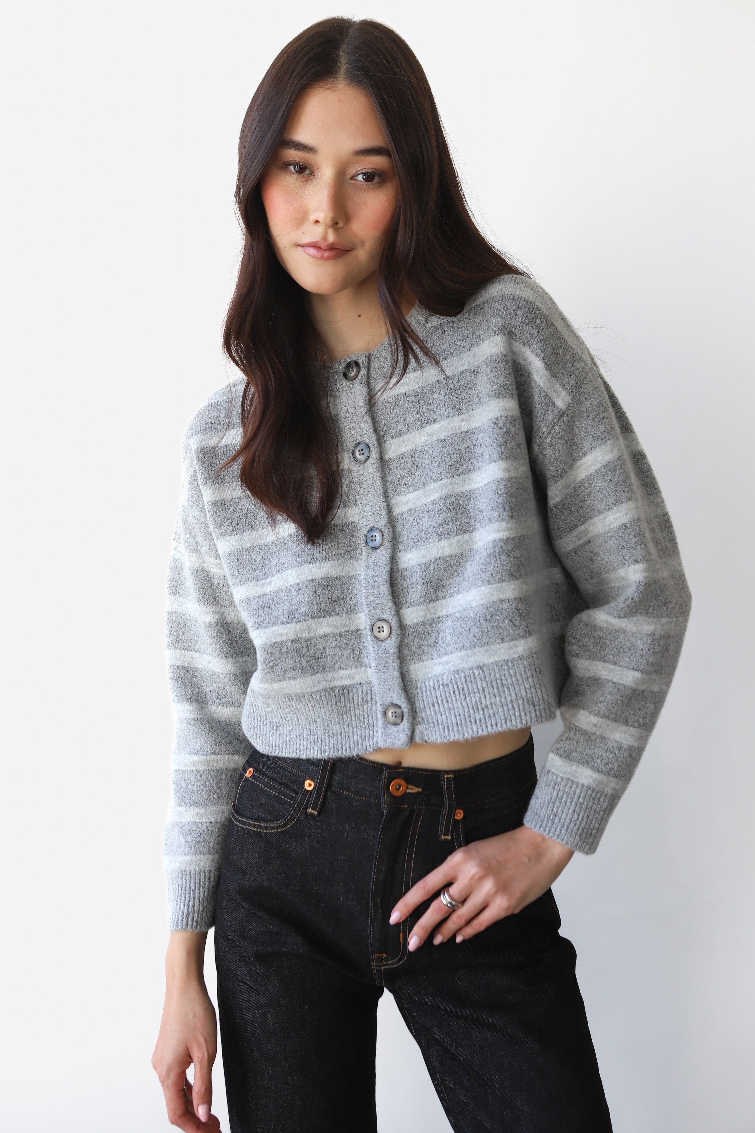 Fiona Cardigan - Heather Grey Stripe