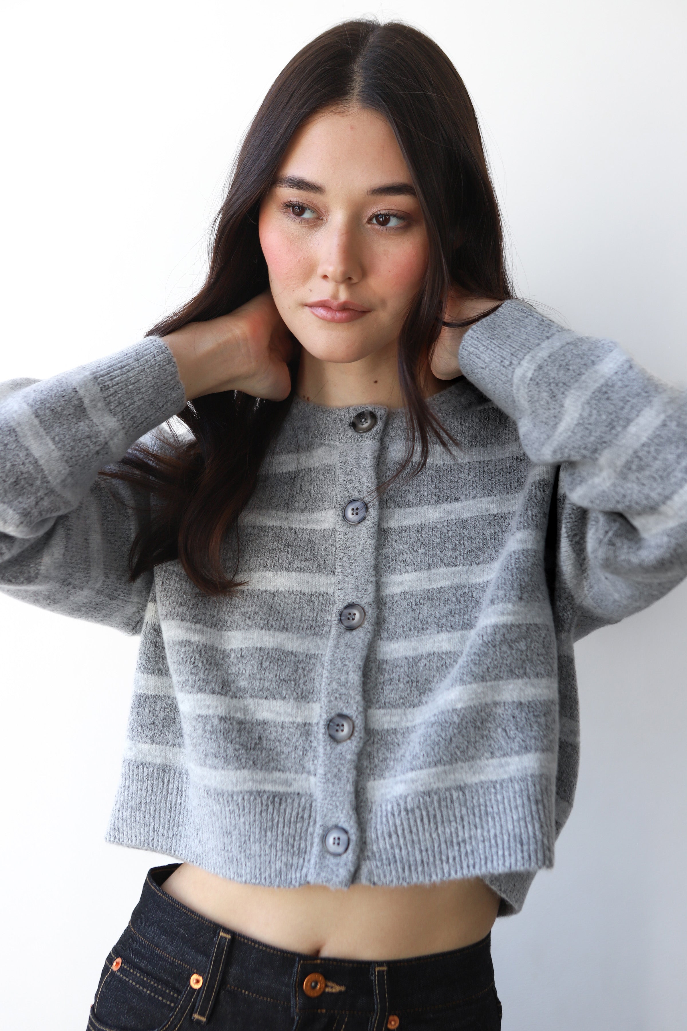 Fiona Cardigan - Heather Grey Stripe