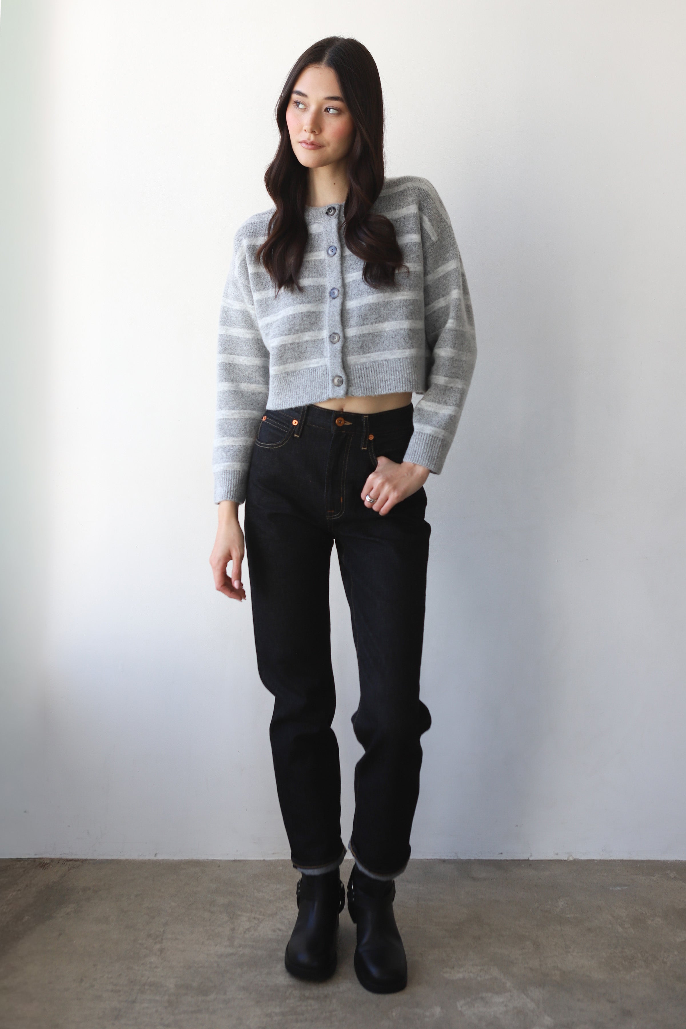 Fiona Cardigan - Heather Grey Stripe