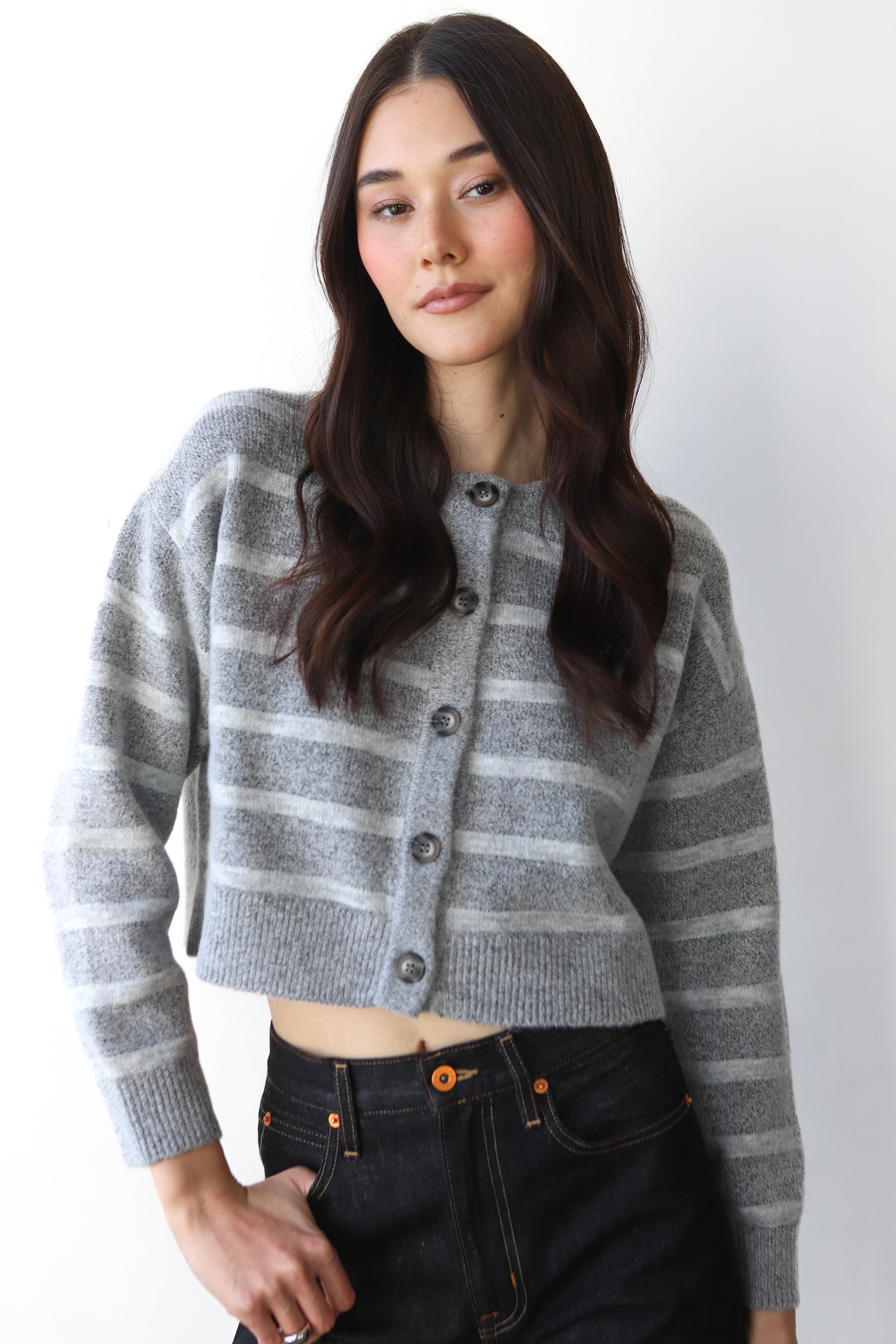Fiona Cardigan - Heather Grey Stripe