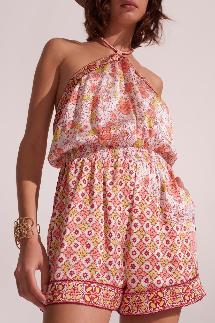 Short Jumpsuit Isabelle - White Pink Diagonal Batik - Poupette St Barth