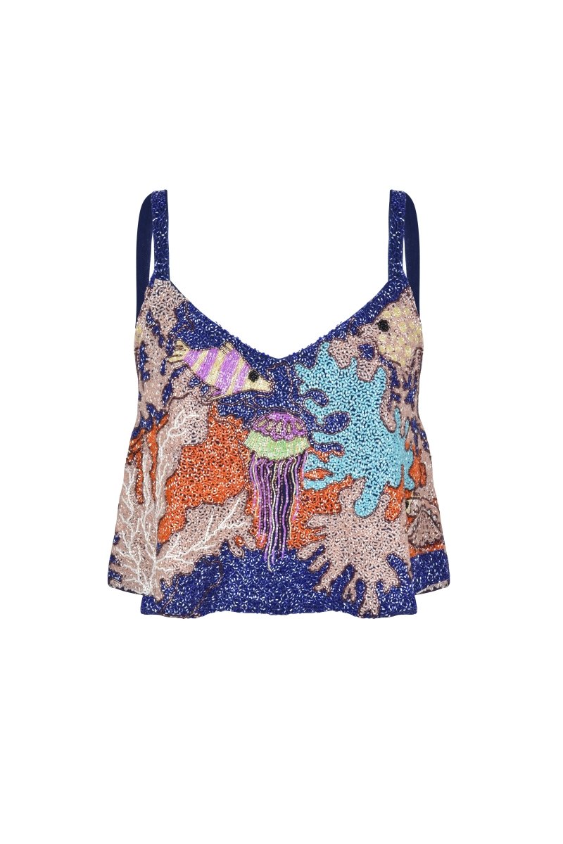 Fish Hand Beaded Top | Navy