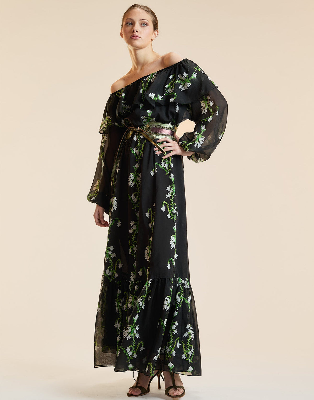 OFF SHOULDER SILK MAXI DRESS