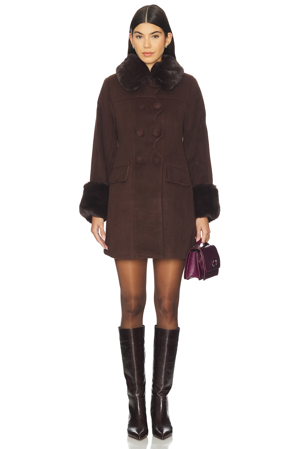 House Of Sunny The Dolly Coat With Faux Fur Trim In Rosewood Brown