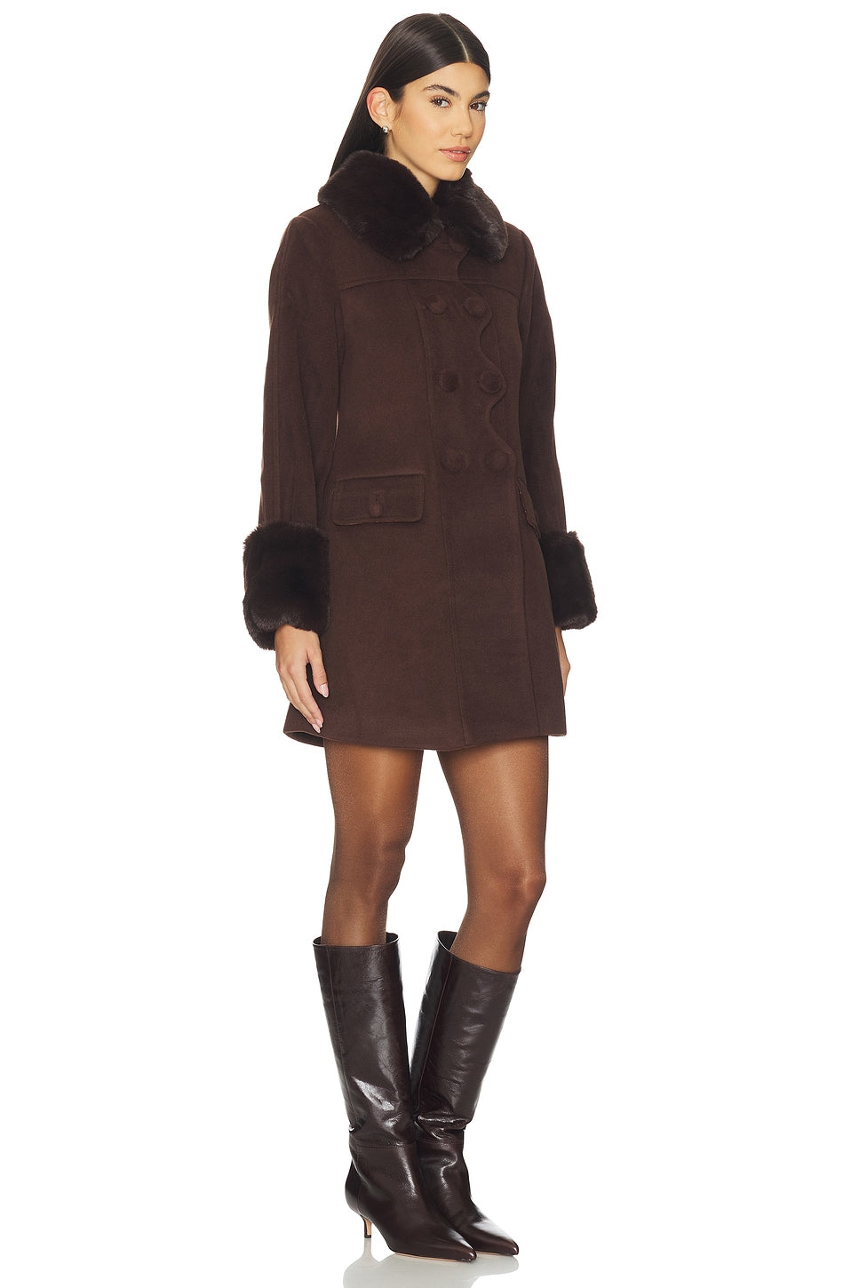 House Of Sunny The Dolly Coat With Faux Fur Trim In Rosewood Brown