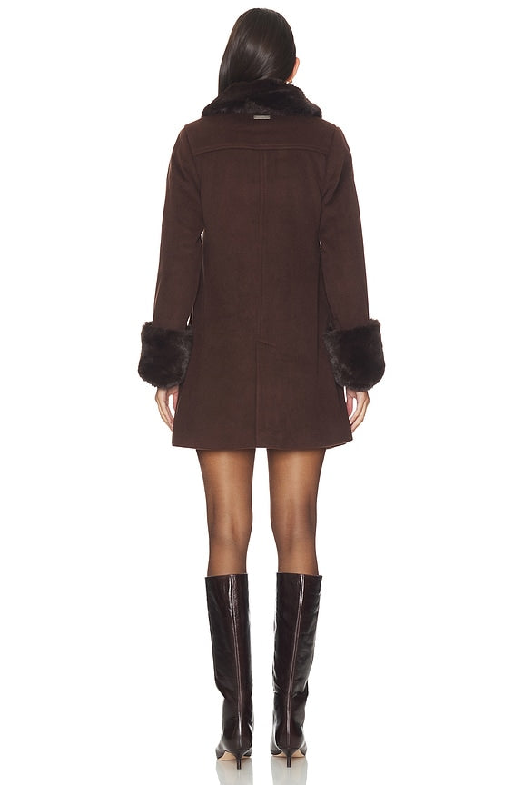 House Of Sunny The Dolly Coat With Faux Fur Trim In Rosewood Brown