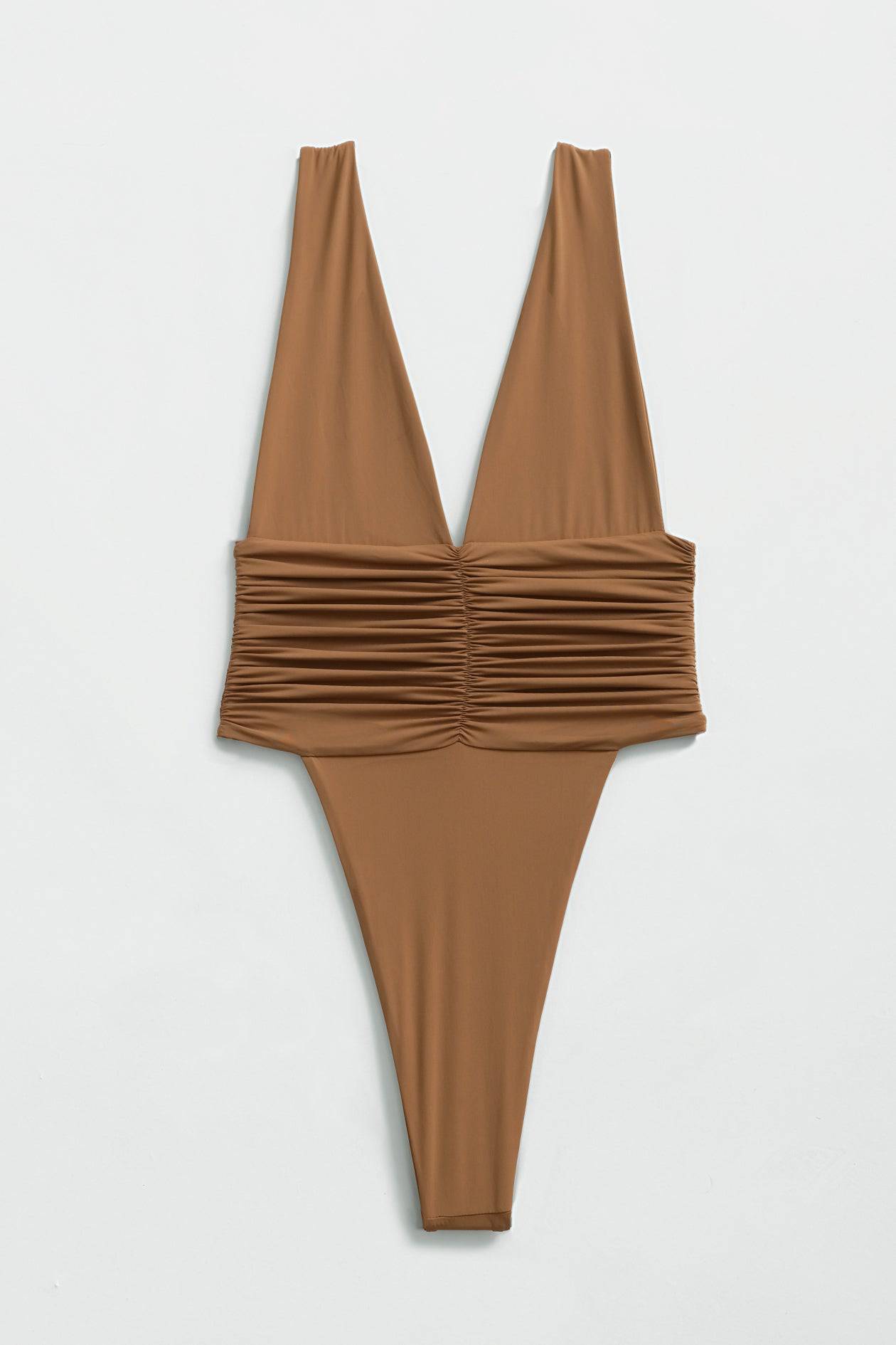 RIOT SWIM Echo One Piece Minimal swimsuit in Brown Sugar, showcasing a sleek, stylish one-piece design with minimalistic details.