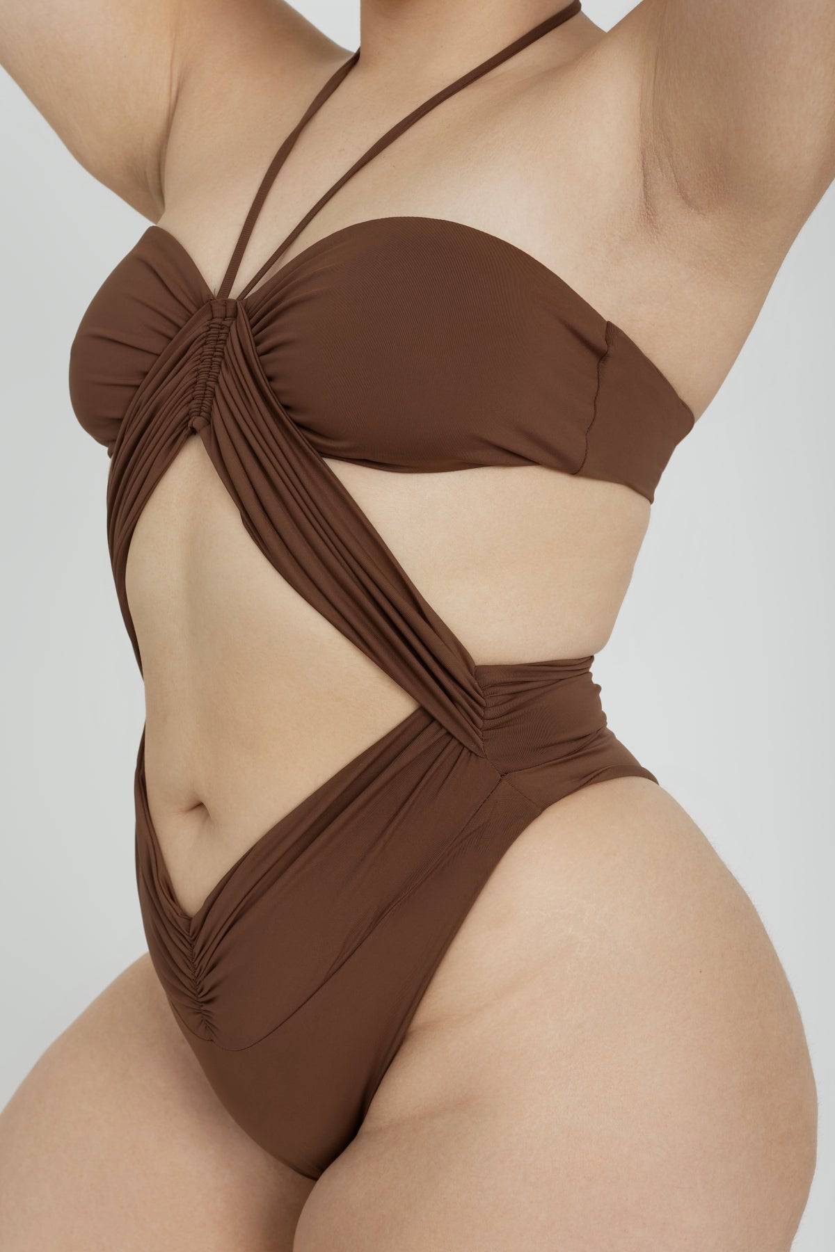RIOT SWIM Phoenix One Piece in chocolate color, stylish swimwear with a sleek fit, displayed on a neutral background.