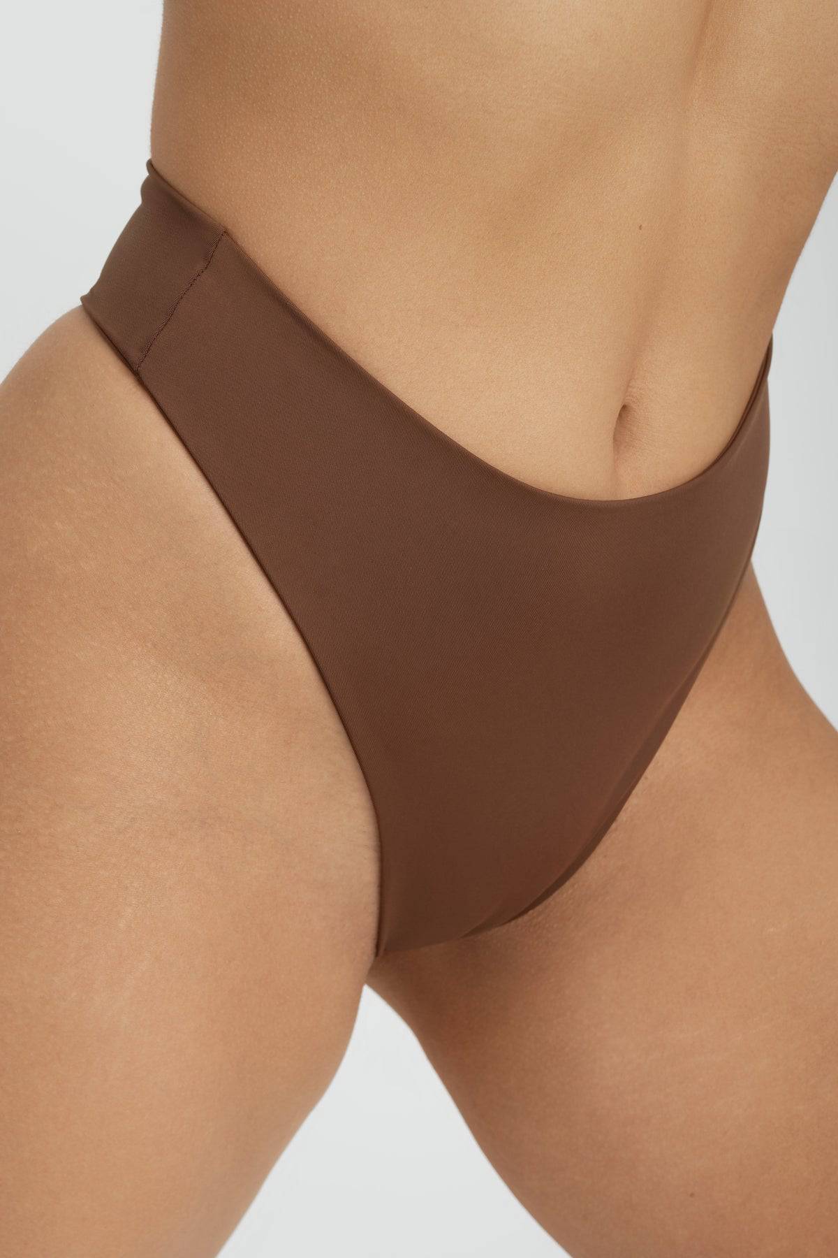Riot Swim Kai high waist chocolate bikini bottoms with full coverage, featuring a smooth, stretchy fabric for a comfortable fit.