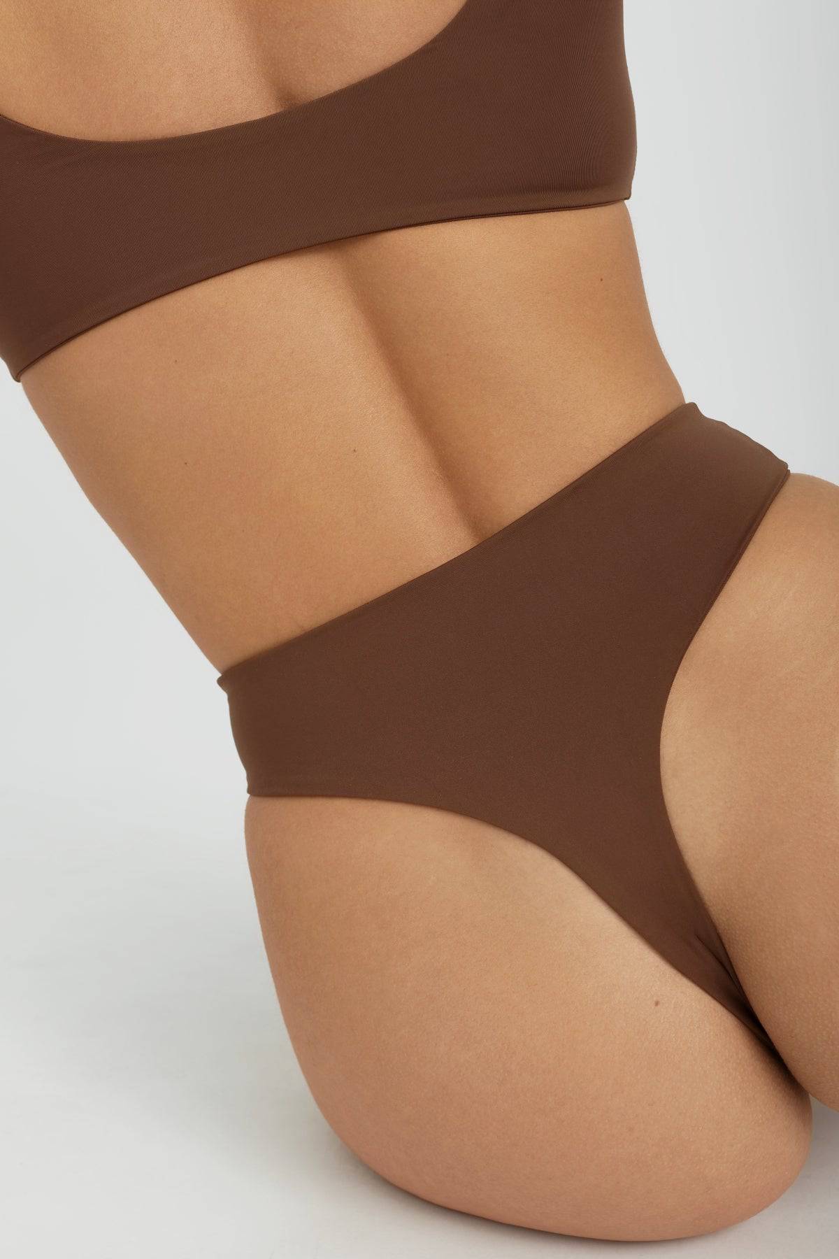 Riot Swim Kai high waist chocolate bottoms, stylish swimwear bottoms with a high waist design, shown in the image.