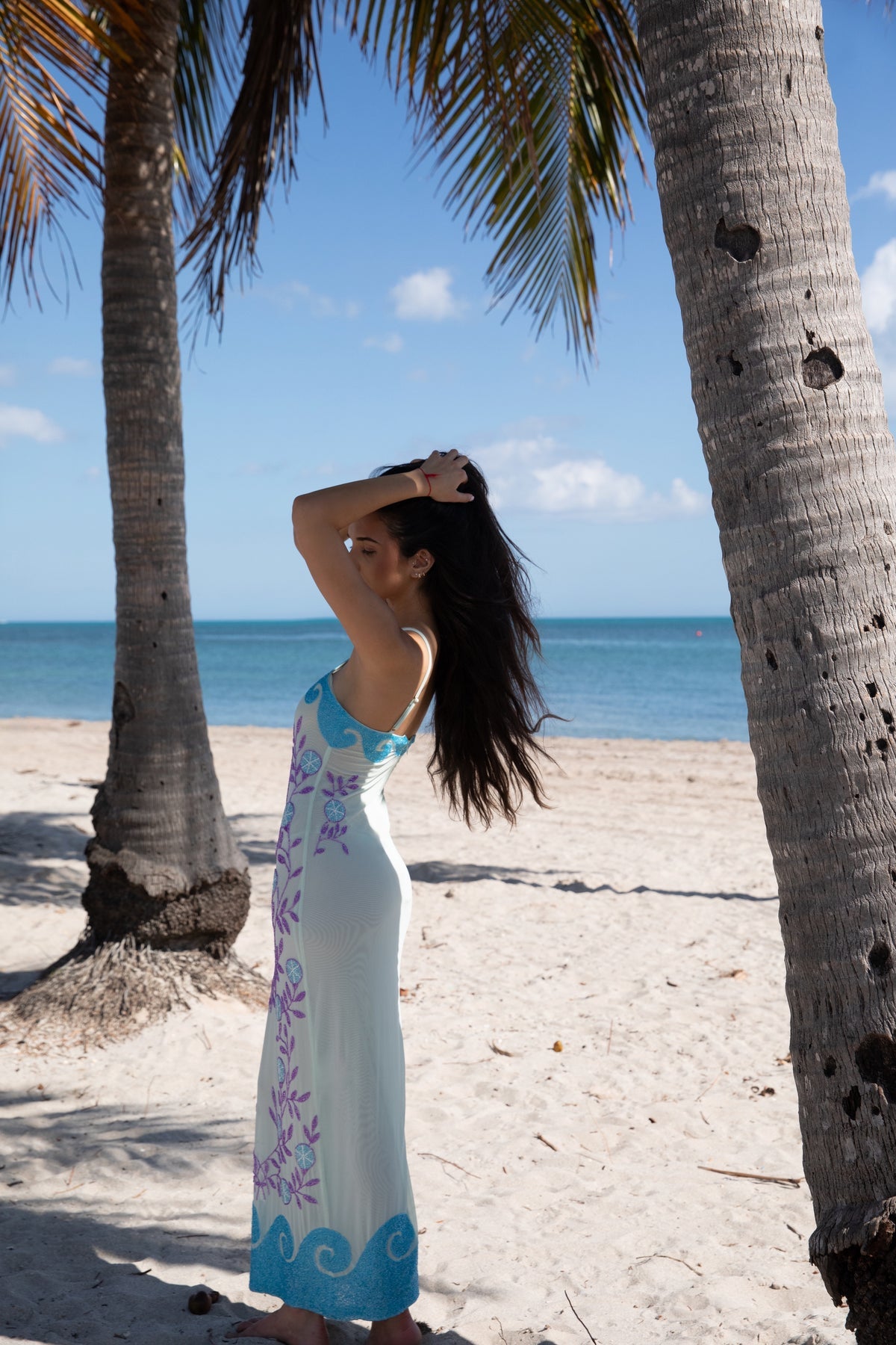 Lobster Hand Beaded Maxi Dress Blue