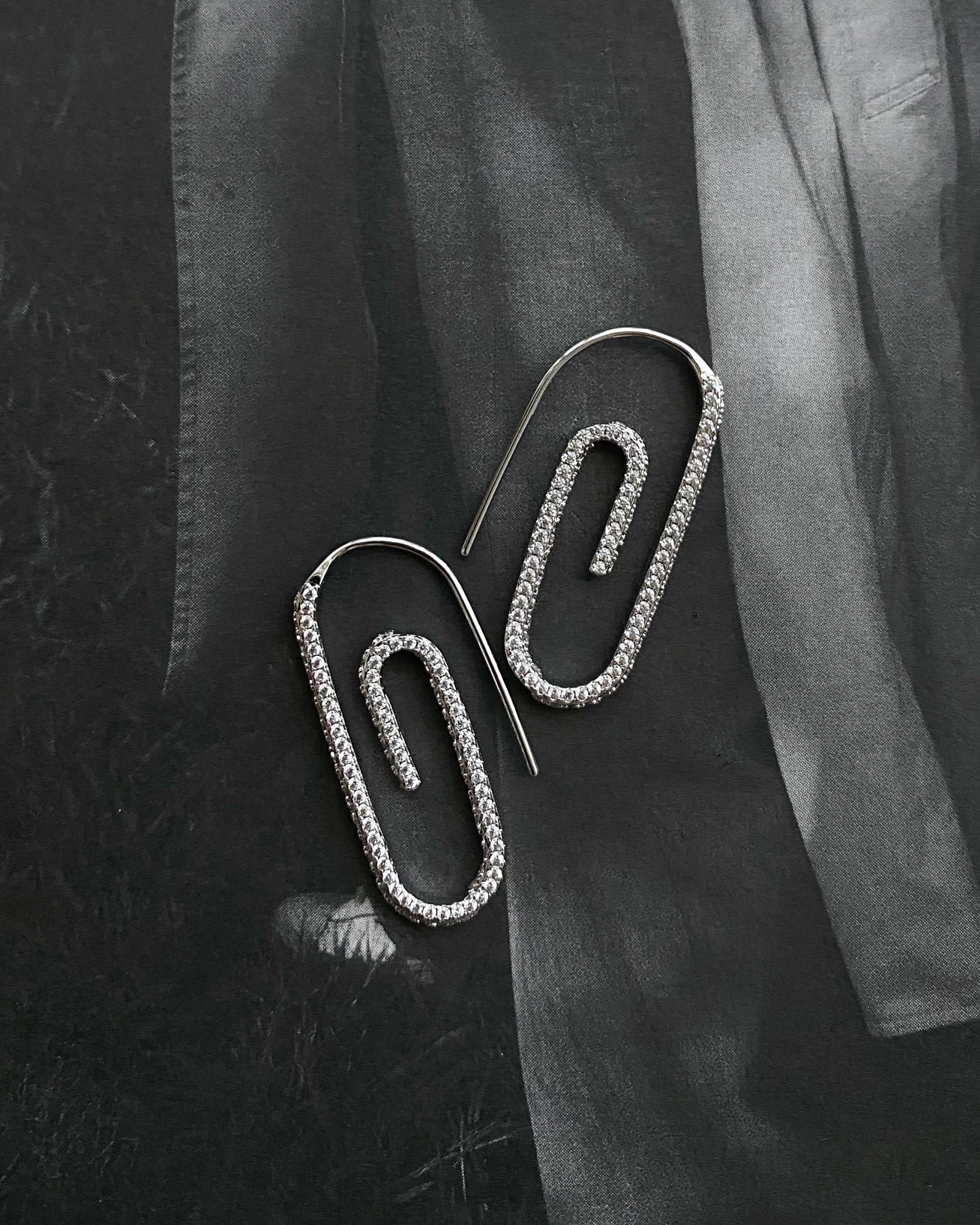 Pave Paper Clip Earrings- Silver
