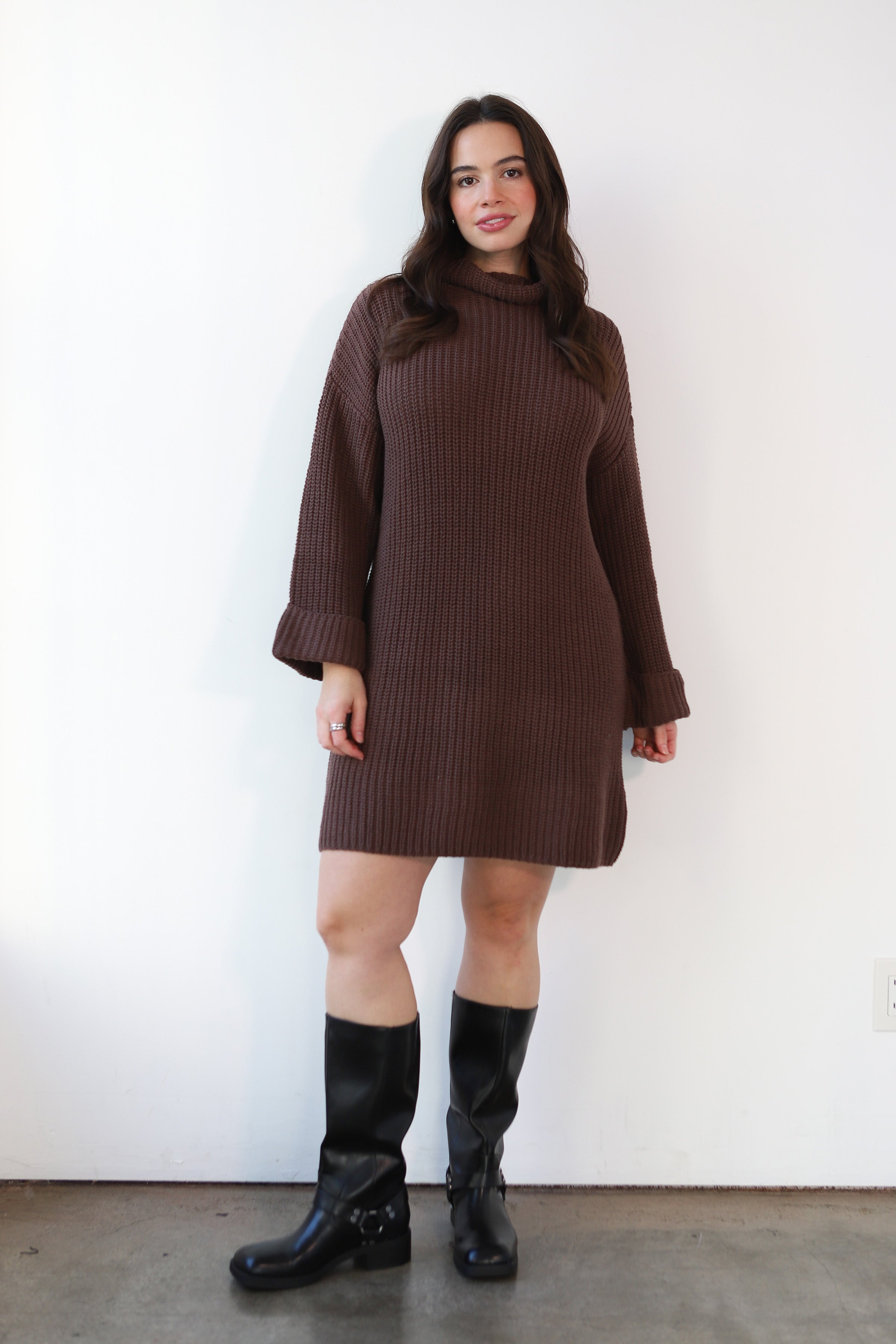 Baggy Turtleneck Mini Dress - Chocolate