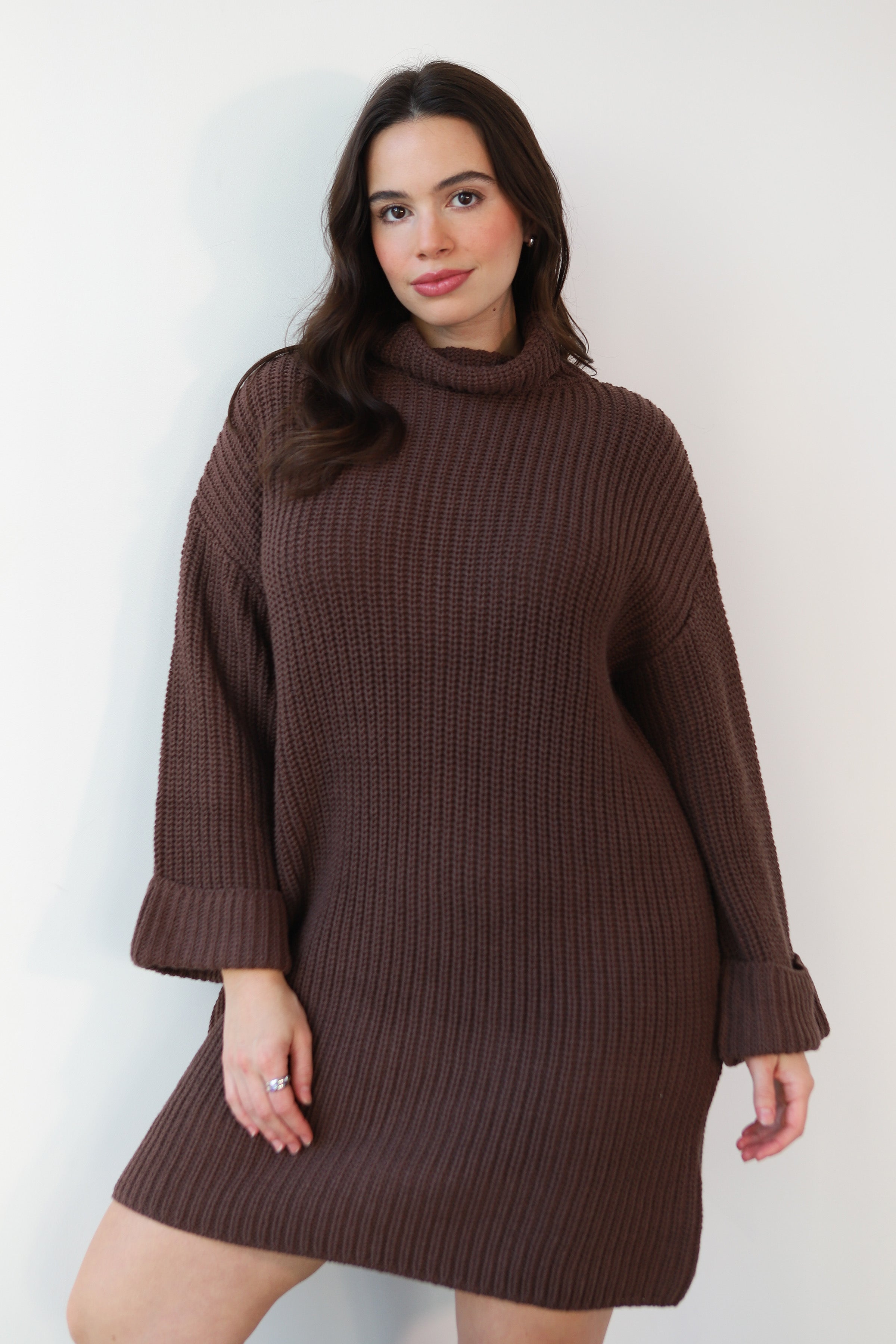 Baggy Turtleneck Mini Dress - Chocolate