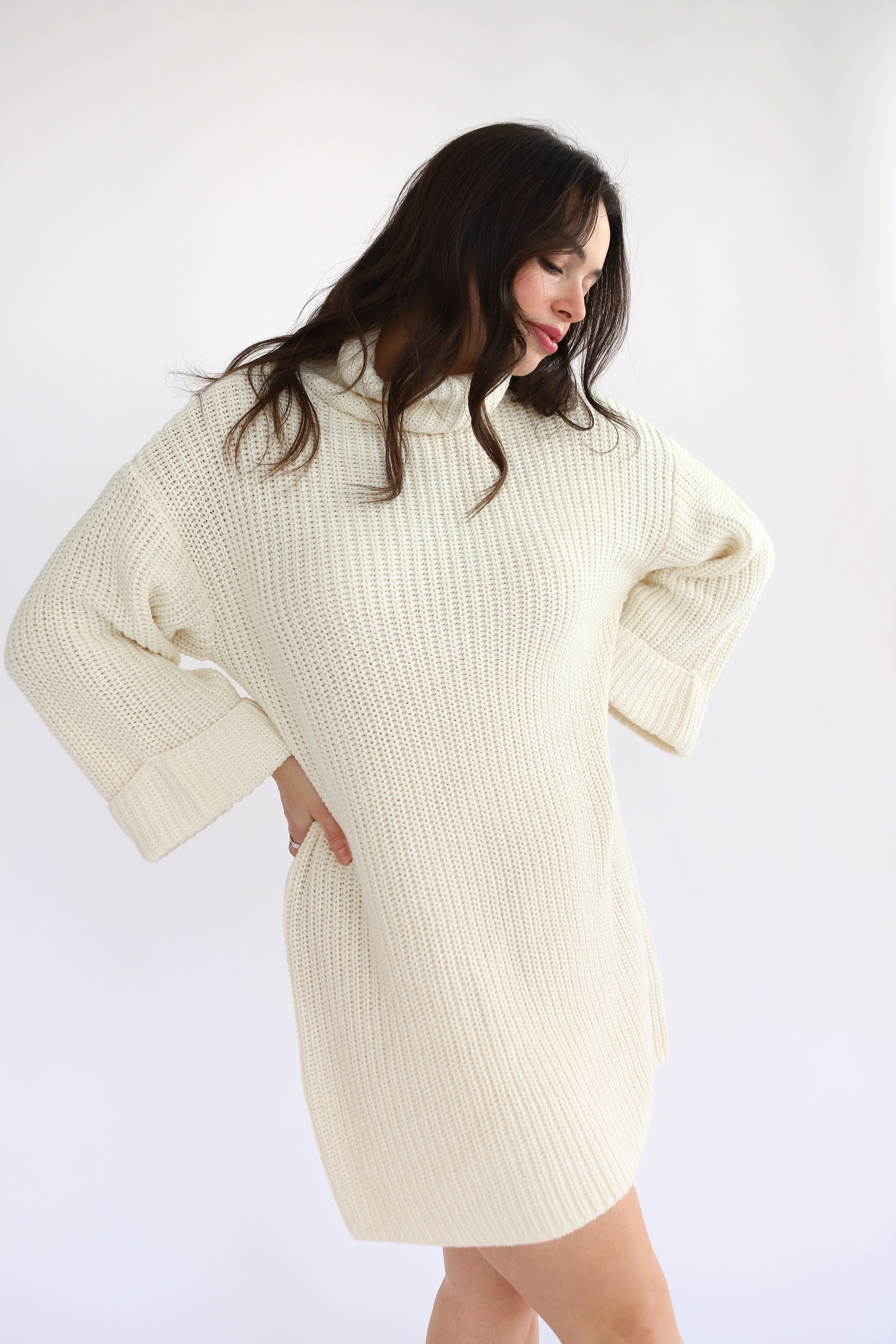 Baggy Turtleneck Mini Dress - Creme