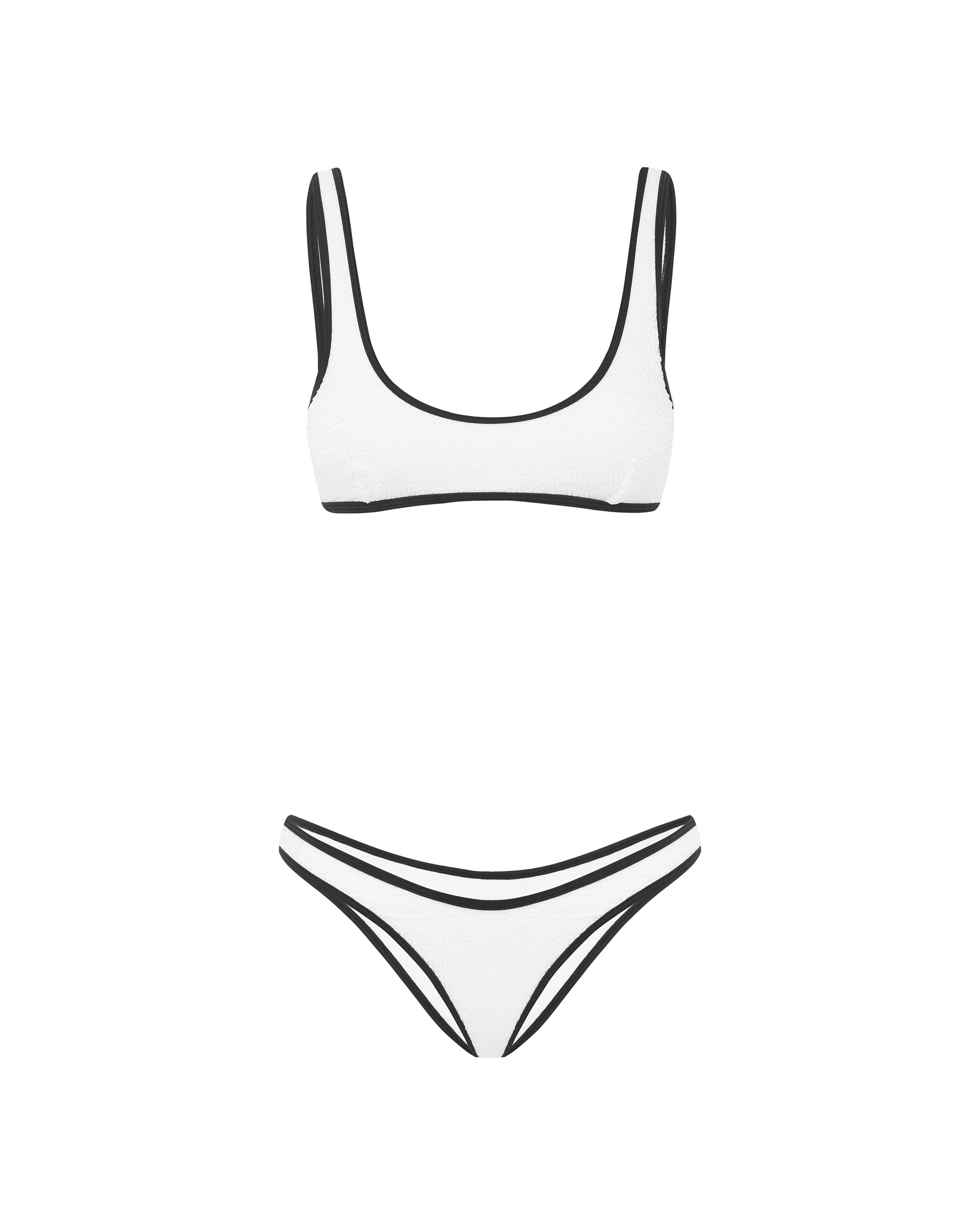 Studio image of the 90s Duo Crop top in White and Black Crimp, featuring its scooped neck design and textured fabric. 
