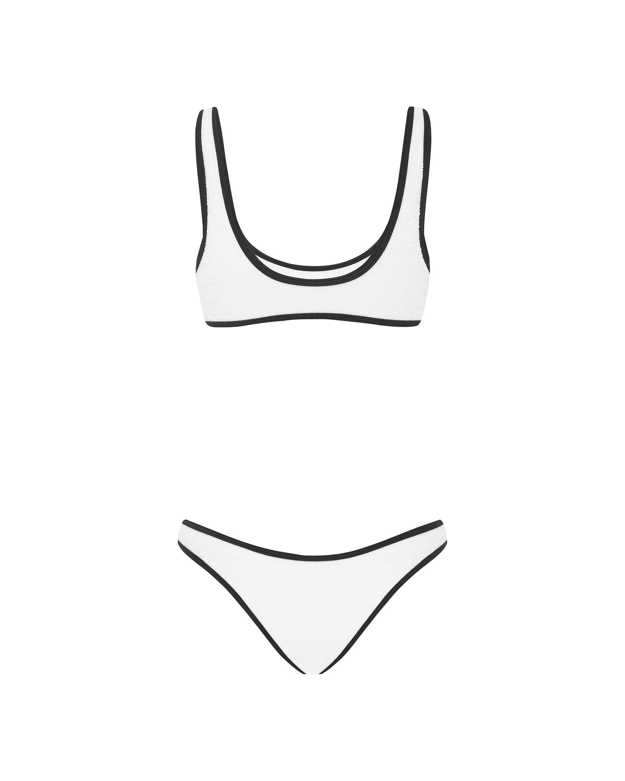 Studio image of the back of the 90s Duo Crop top in White and Black Crimp, highlighting its low back cut and contrast binding. 